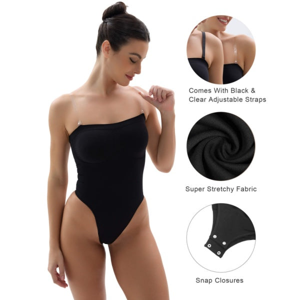 SHAPERX black convertible thong bodysuit with removable straps, stretch fabric and snap-crotch details