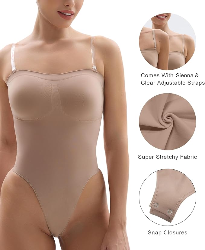 SHAPERX Strapless Bodysuit Tummy Control Seamless Thong Shapewear with Removable Straps