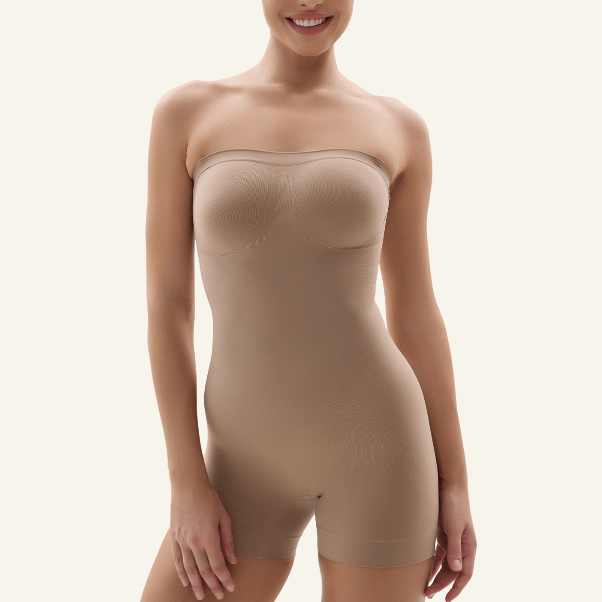 Strapless seamless short bodysuit with light smoothing in Dark Beige