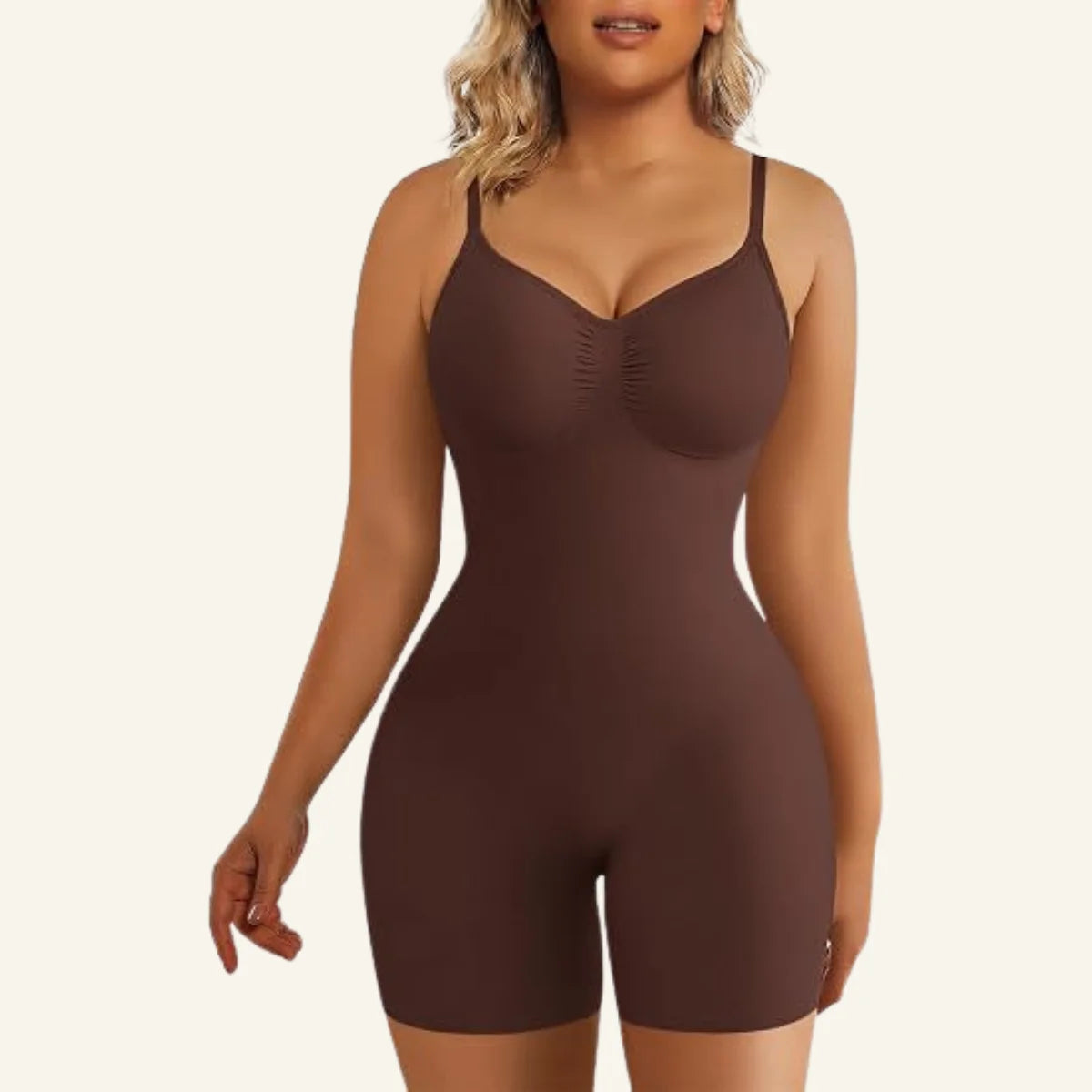 Seamless adjustable straps tummy control shorts bodysuit front view in Dark Brown