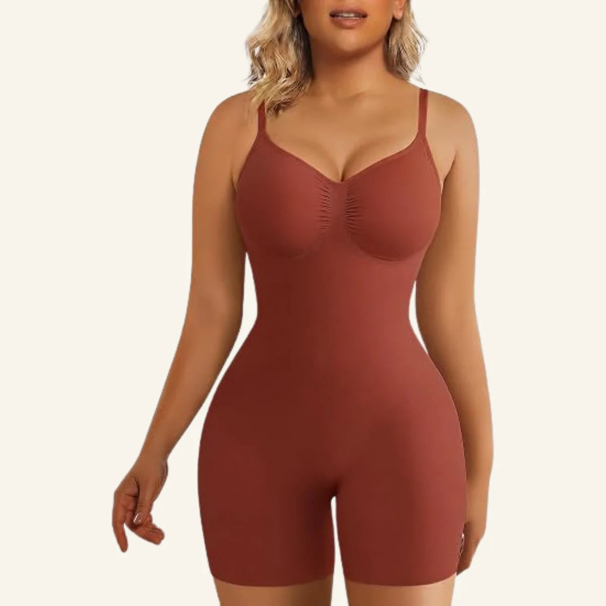 Seamless adjustable straps tummy control shorts bodysuit front view in Rust Red
