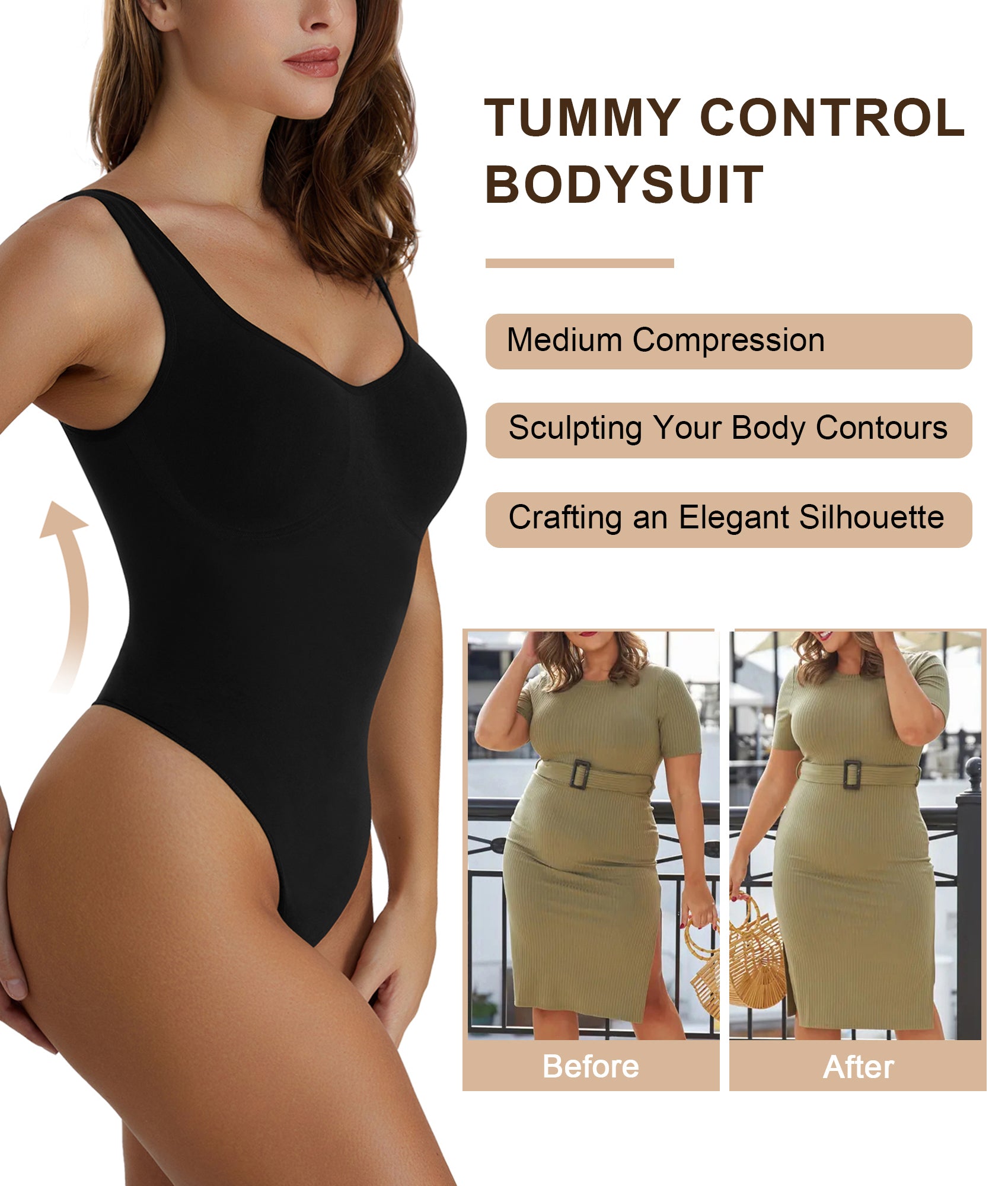 SHAPERX Wide Strap Seamless Sculpting Thong Body Shaper Tummy Control Bodysuit