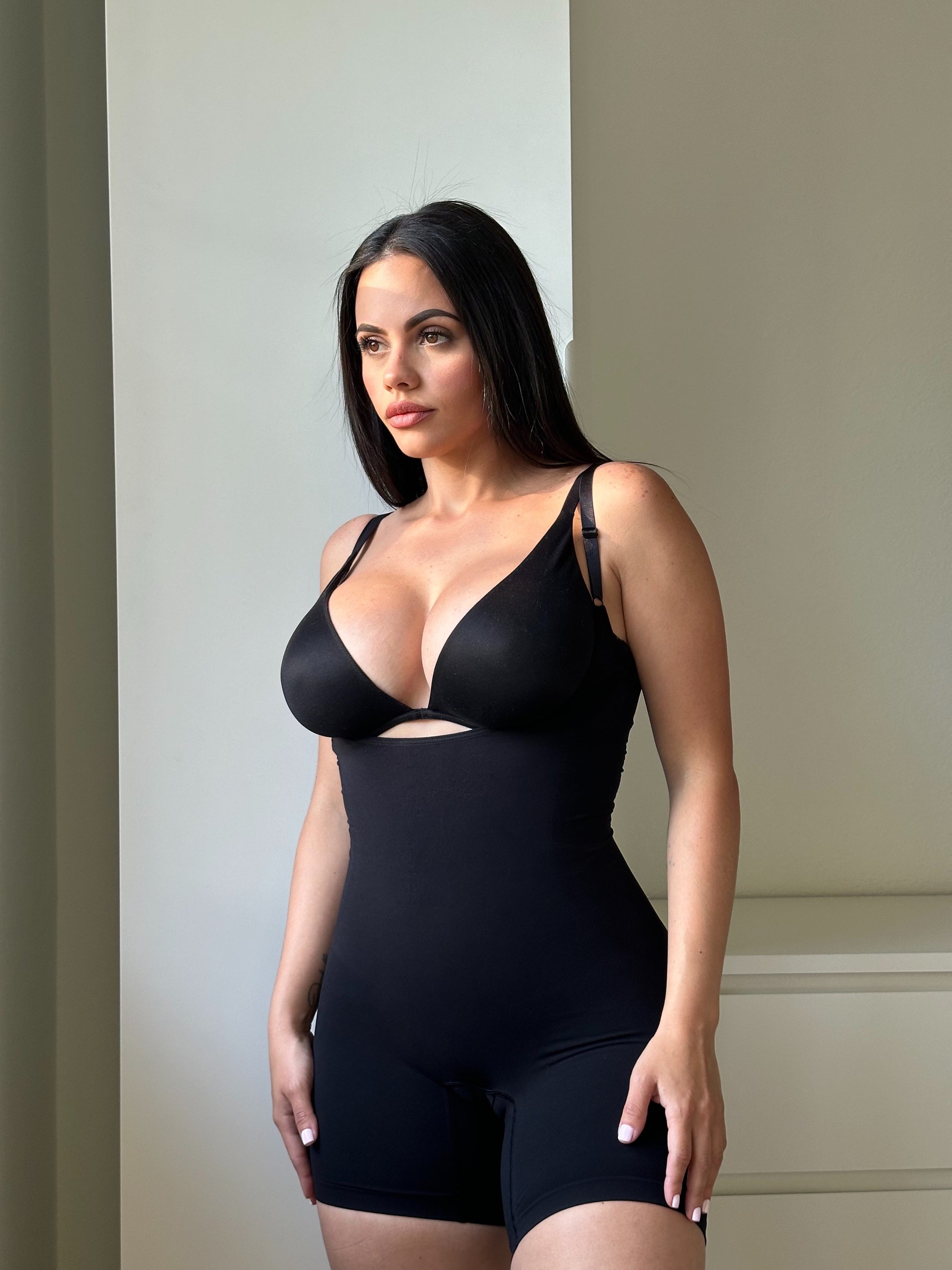 SHAPERX Seamless Open-Bust Tummy Control Shorts Bodysuit