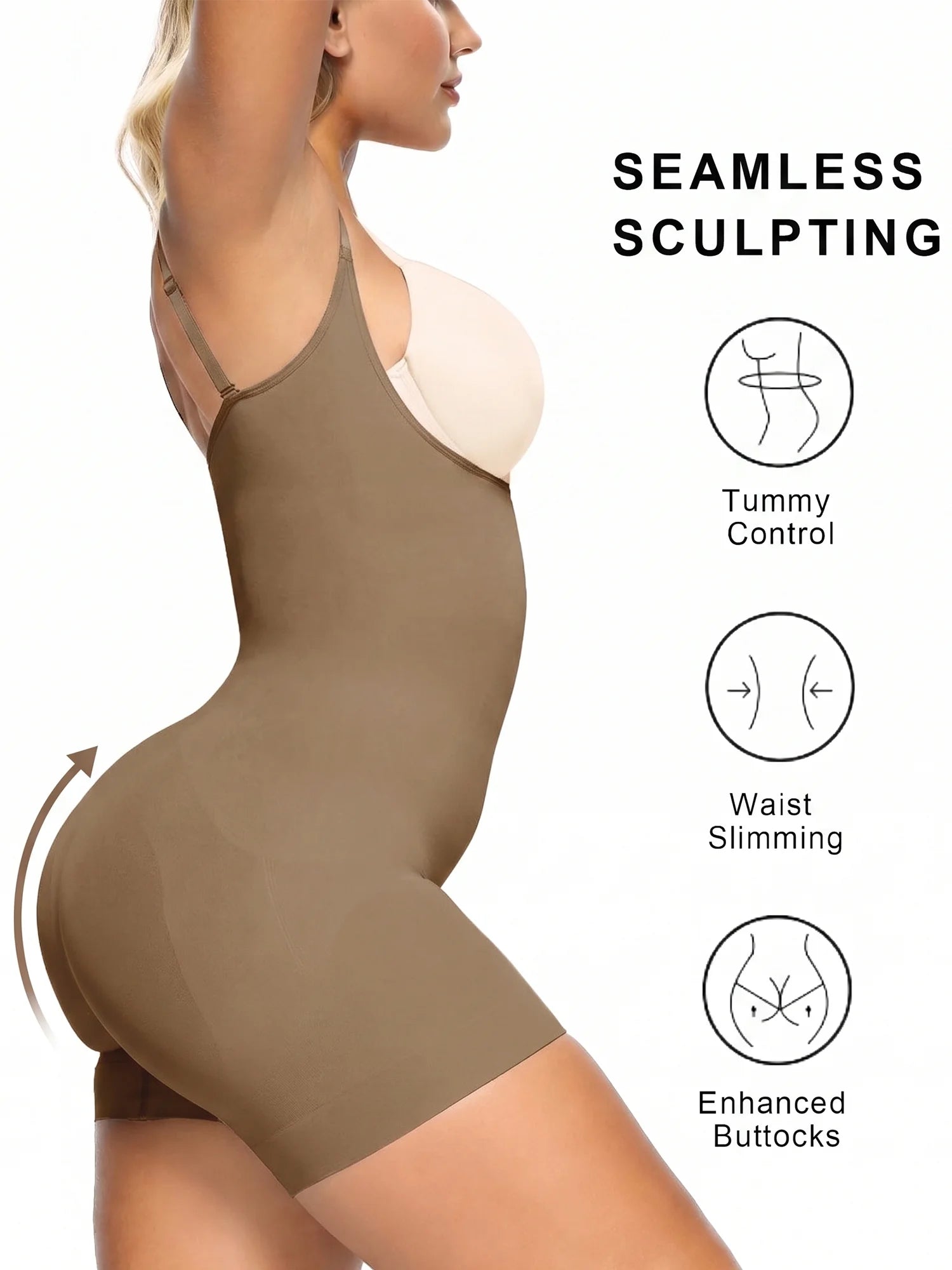 SHAPERX Seamless Open-Bust Tummy Control Shorts Bodysuit