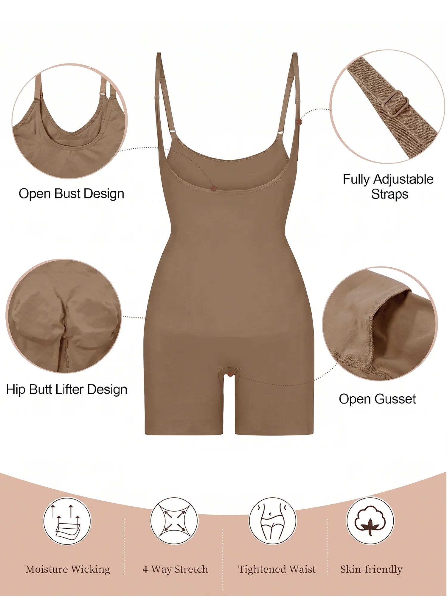 SHAPERX Seamless Open-Bust Tummy Control Shorts Bodysuit