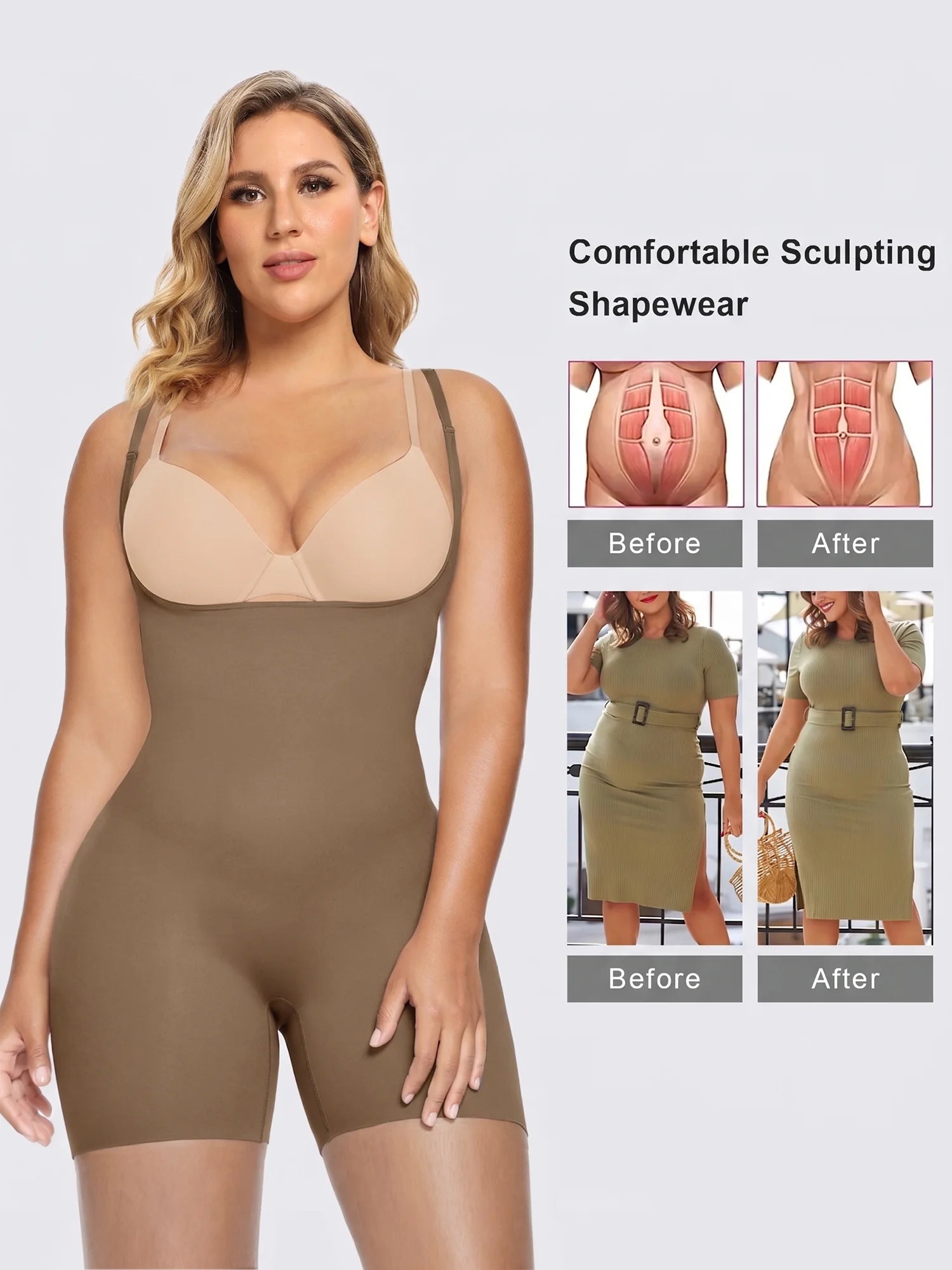 SHAPERX Seamless Open-Bust Tummy Control Shorts Bodysuit