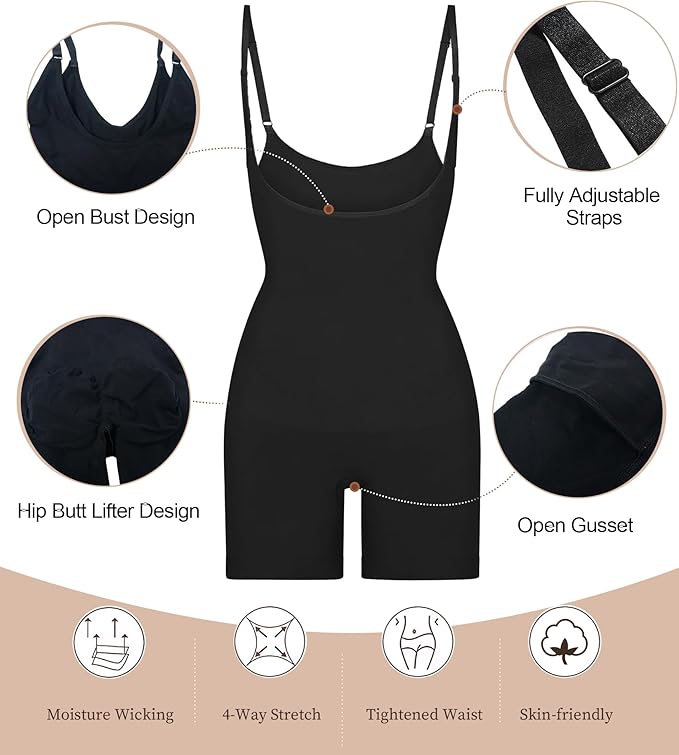 SHAPERX Seamless Open-Bust Tummy Control Shorts Bodysuit