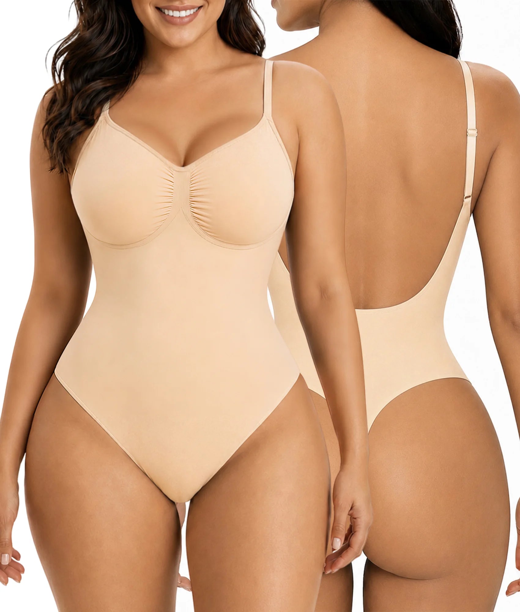 Model wearing beige low-back tummy control thong bodysuit, shown from front and back