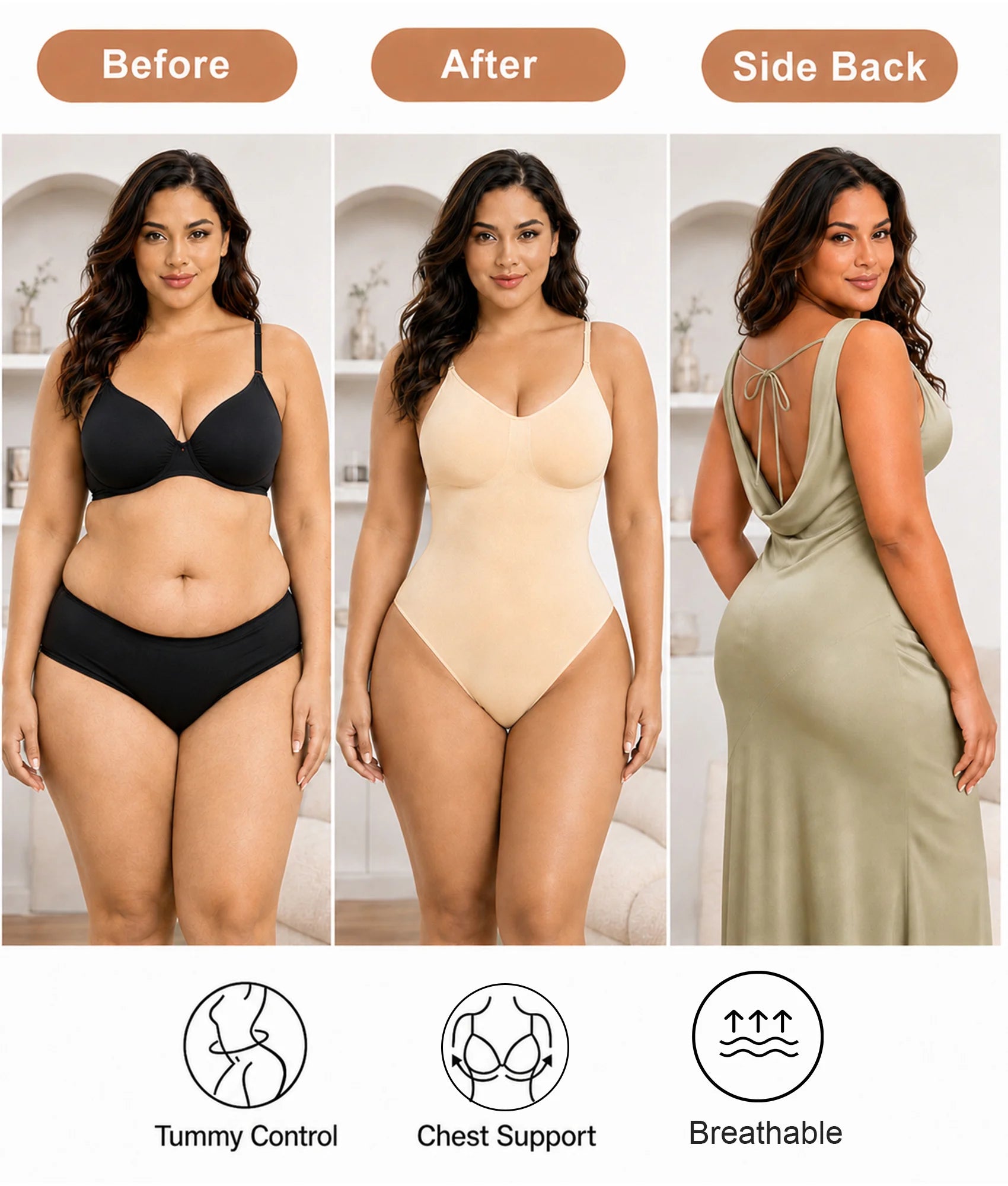 SHAPERX Seamless Low-Back Tummy Control Thong Bodysuit