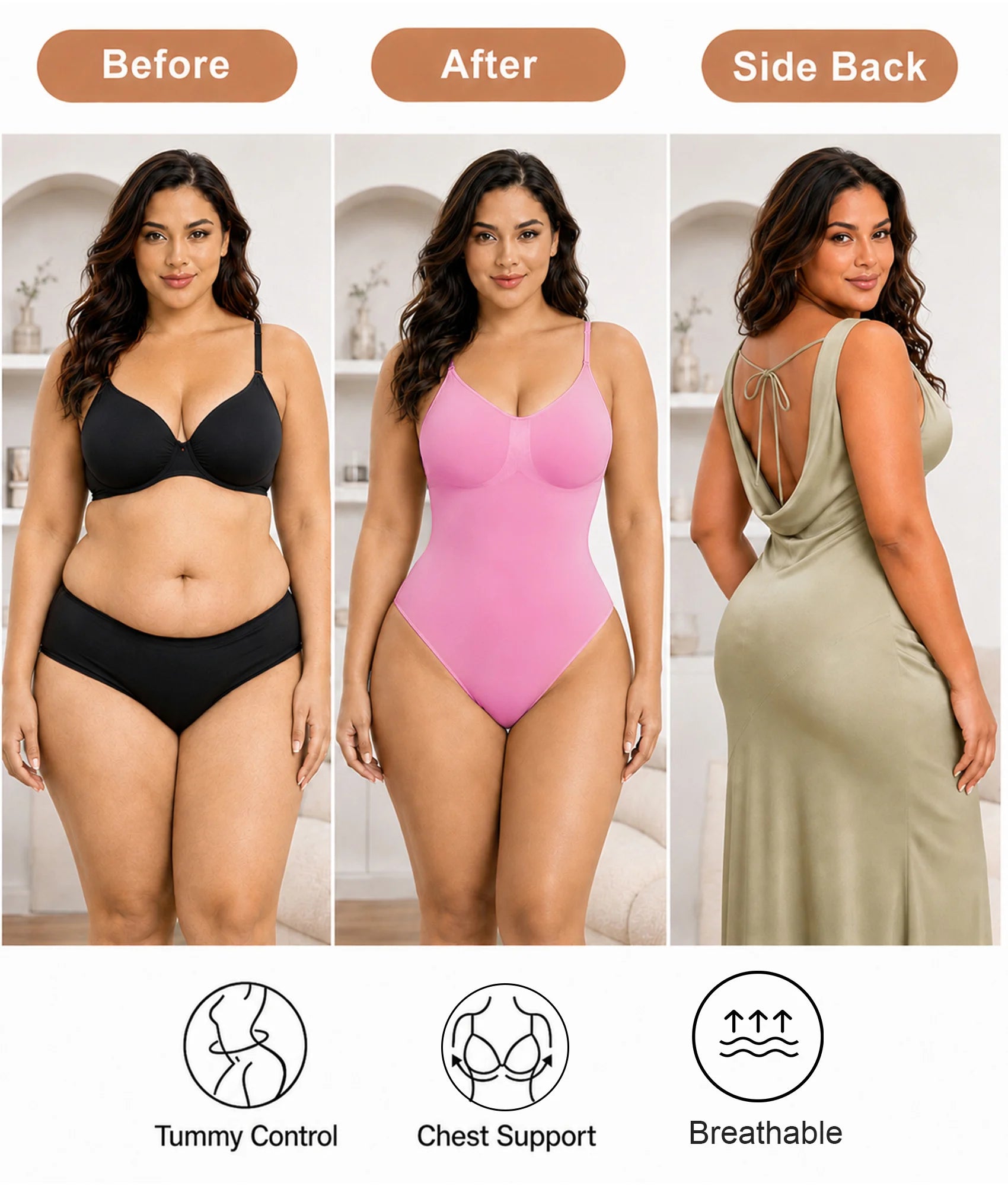 SHAPERX Seamless Low-Back Tummy Control Thong Bodysuit