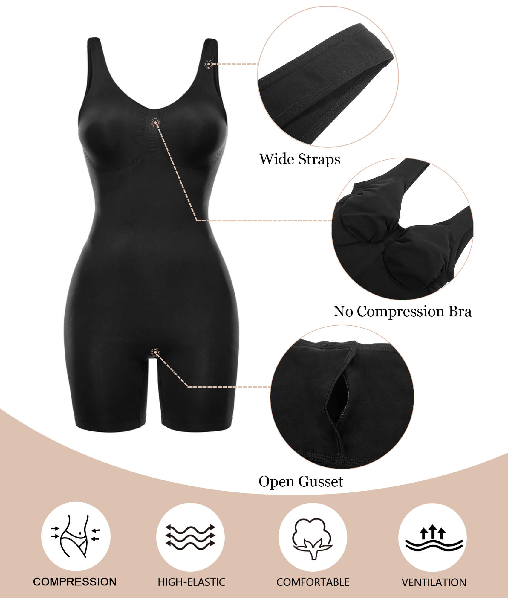 SHAPERX Seamless Wide Starps Mid-Thigh Bodysuit Tummy Control Shapewear Sculpting Body Shaper