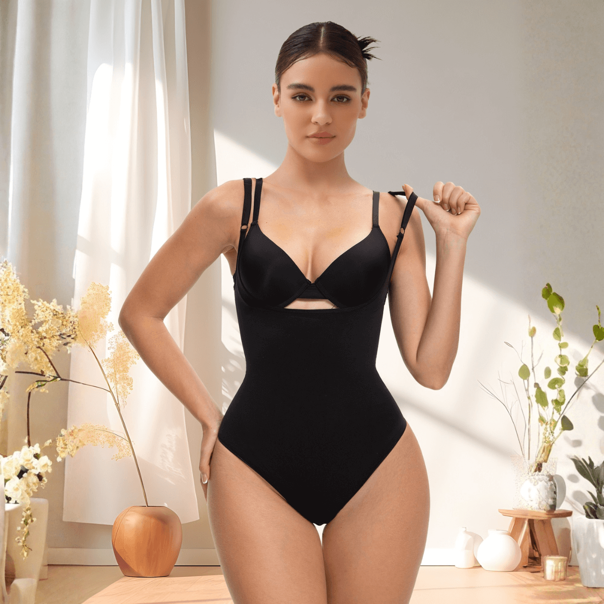 SHAPERX Seamless Open-Bust Tummy Control Thong Bodysuit