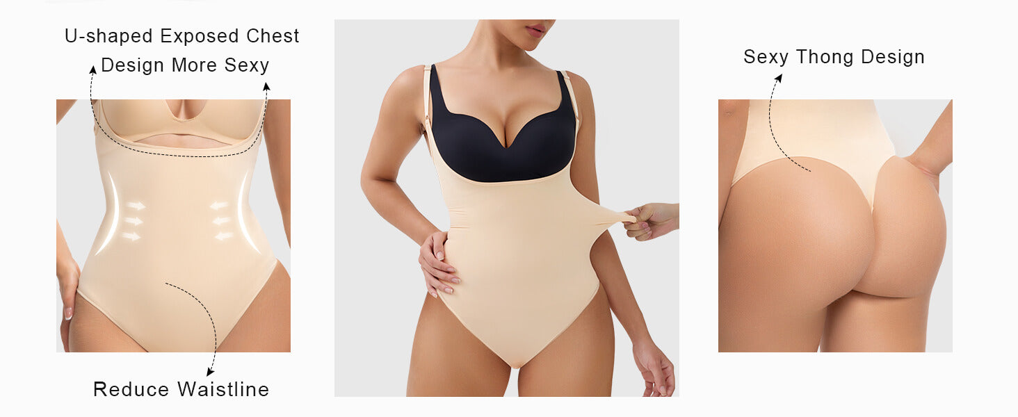 SHAPERX Seamless Open-Bust Tummy Control Thong Bodysuit - Detail Image 2