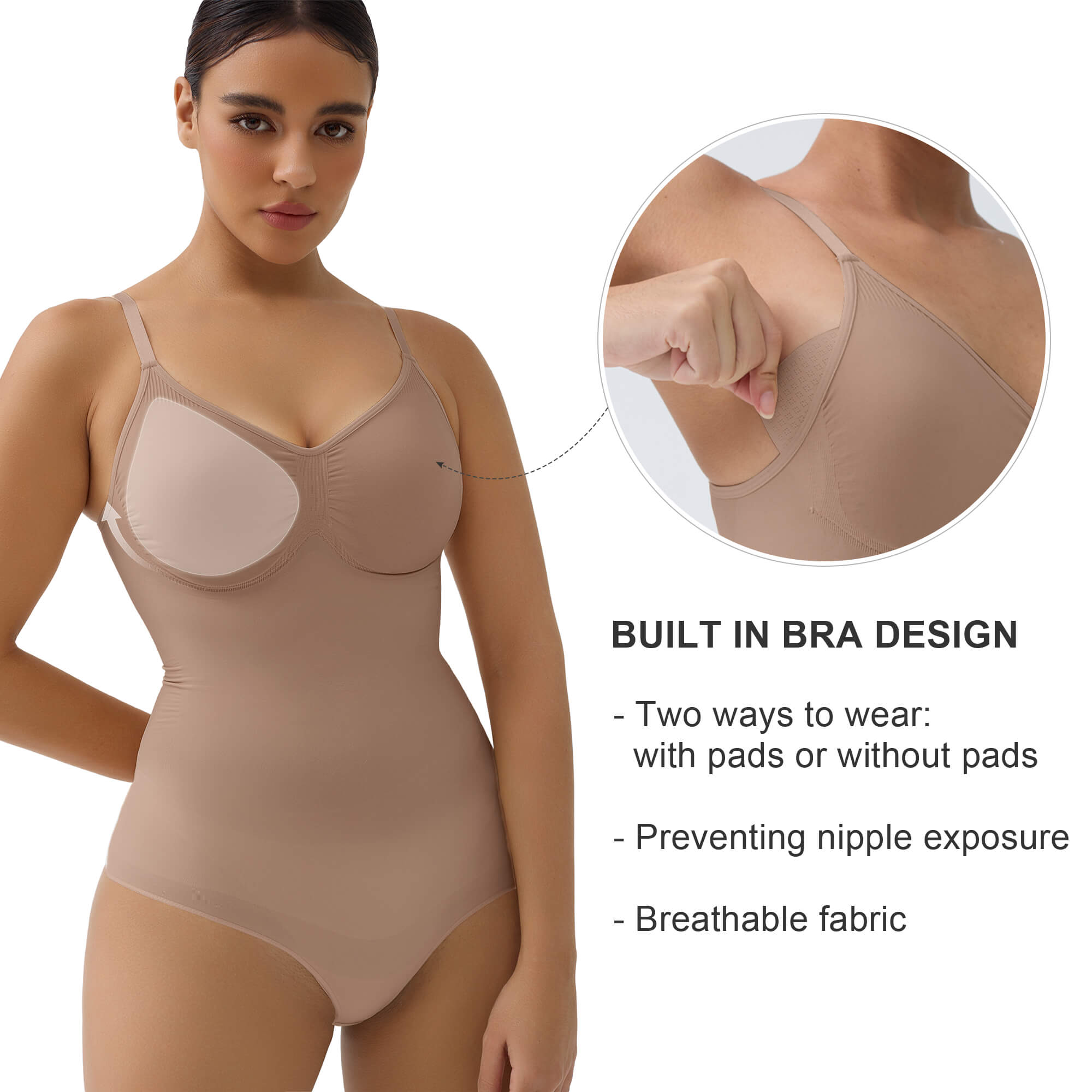 SHAPERX Briefs Tummy Control Bodysuit with Removable Pads