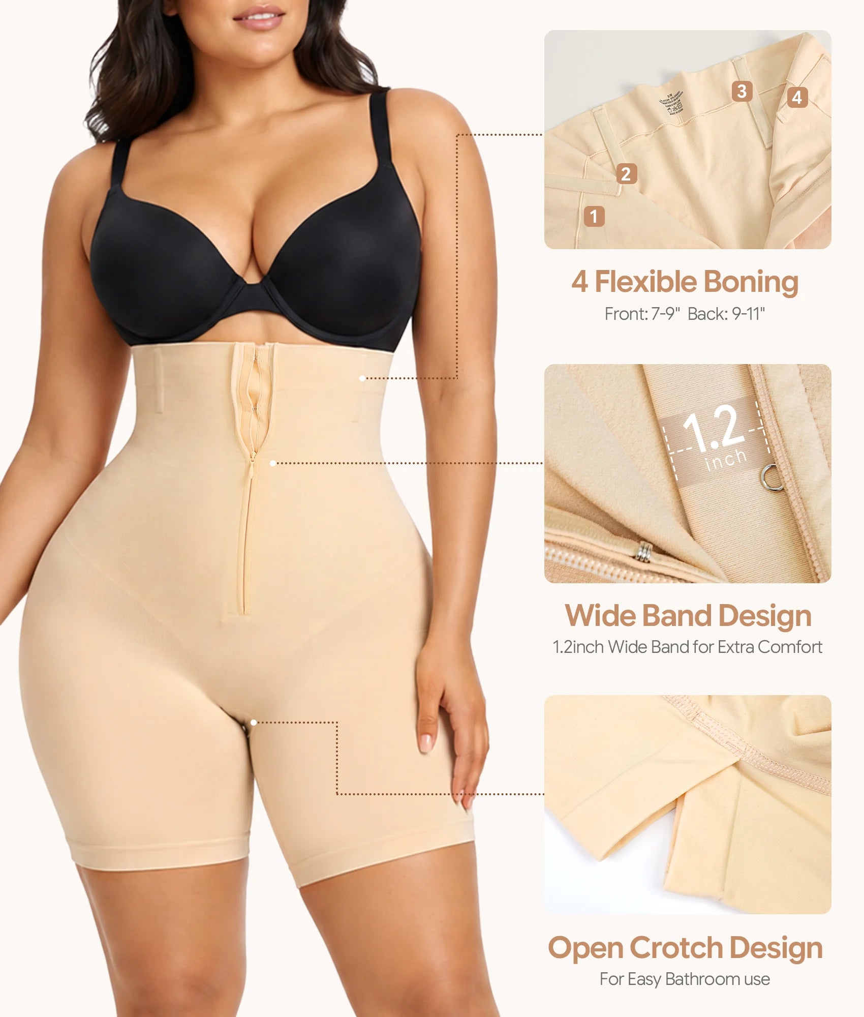 SHAPERX Upgraded Zip-Up High-Waisted Shaper Shorts