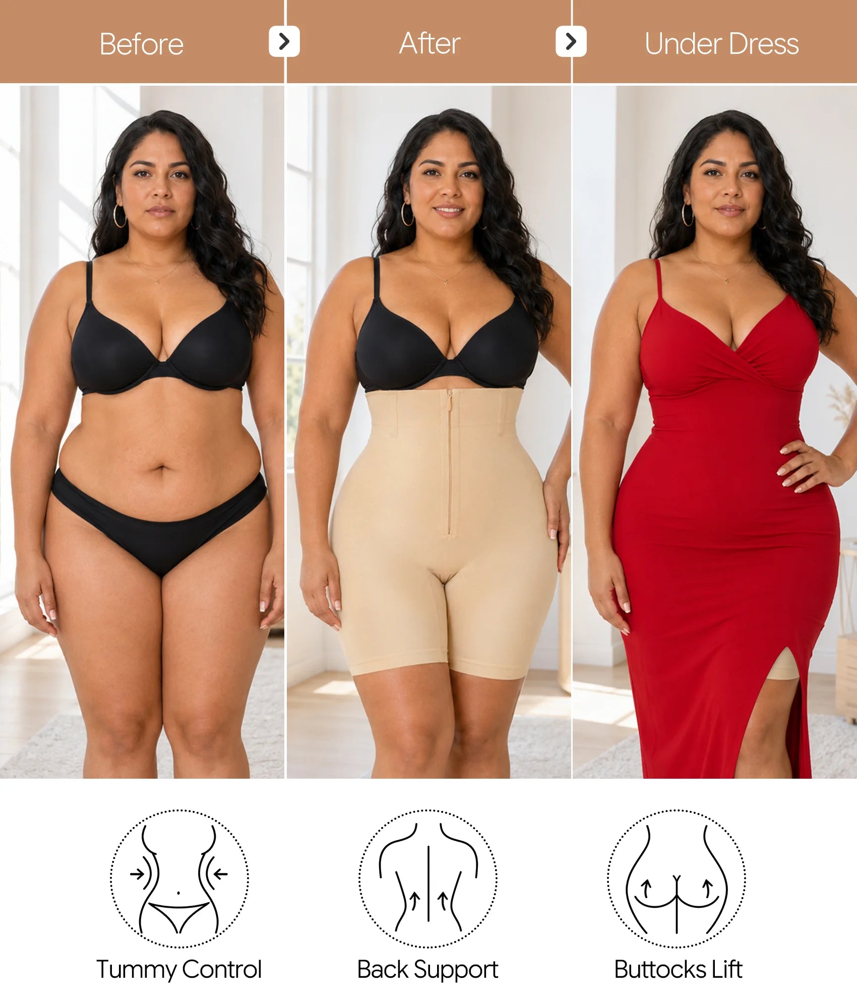 SHAPERX Upgraded Zip-Up High-Waisted Shaper Shorts