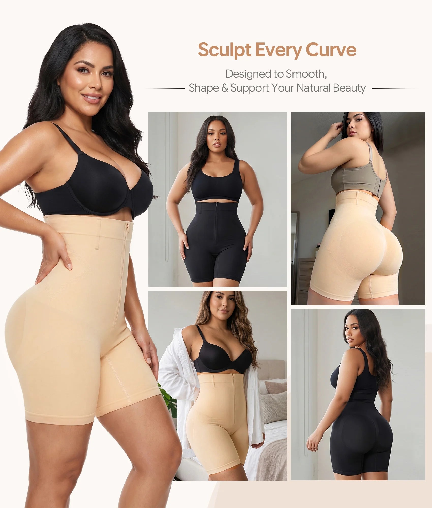 SHAPERX Upgraded Zip-Up High-Waisted Shaper Shorts