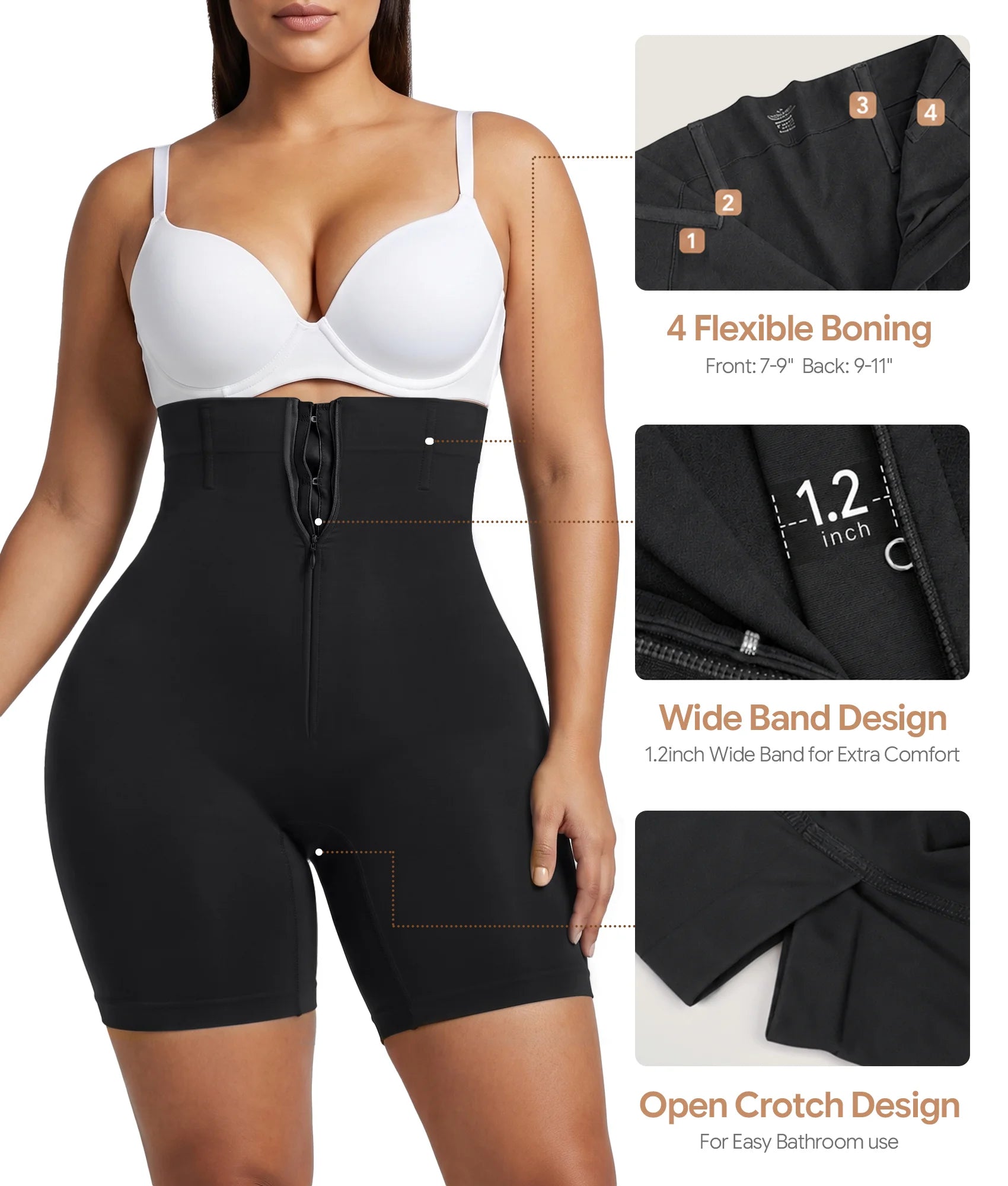 SHAPERX Upgraded Zip-Up High-Waisted Shaper Shorts