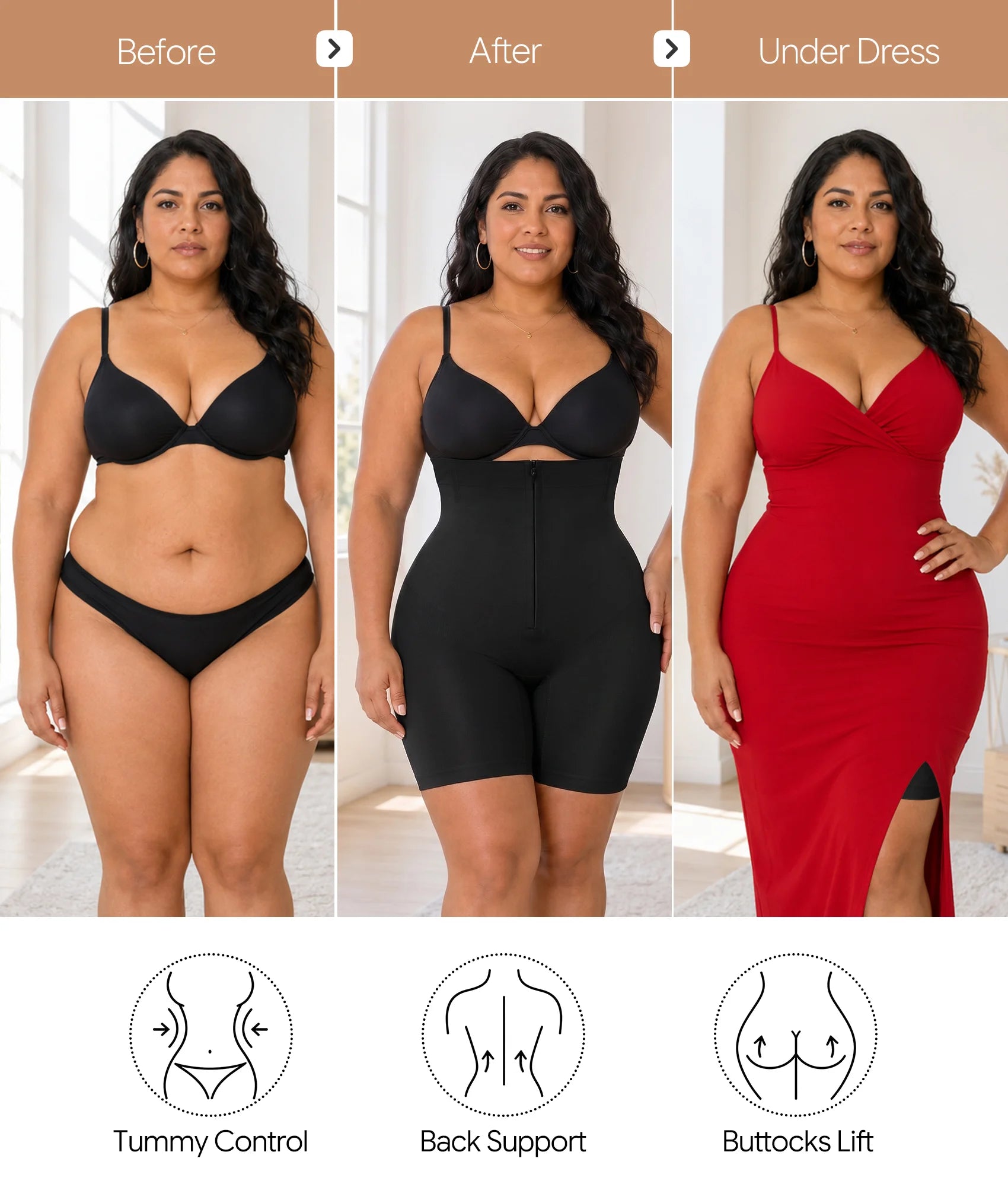 SHAPERX Upgraded Zip-Up High-Waisted Shaper Shorts