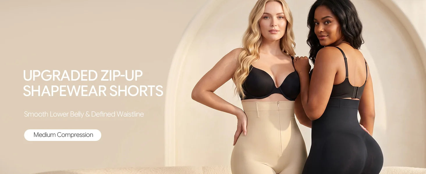 SHAPERX Upgraded Zip-Up High-Waisted Shaper Shorts - Detail Image 1