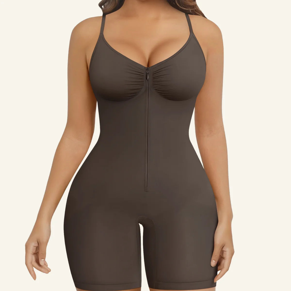 SHAPERX zip-up bodysuit shorts in Black Coffee, front view