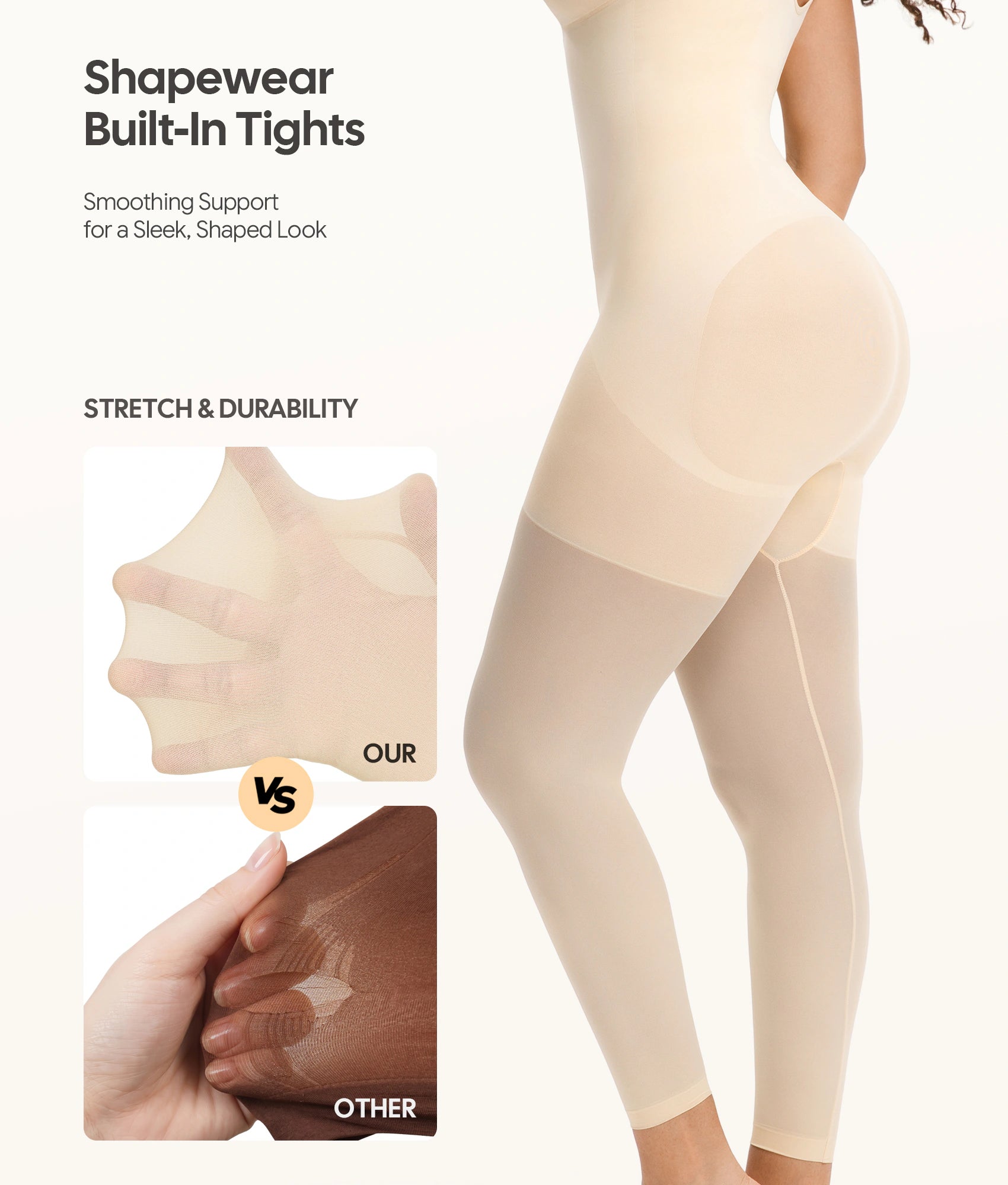 Beige full-body shaper side view with close-ups of the built-in sheer tights
