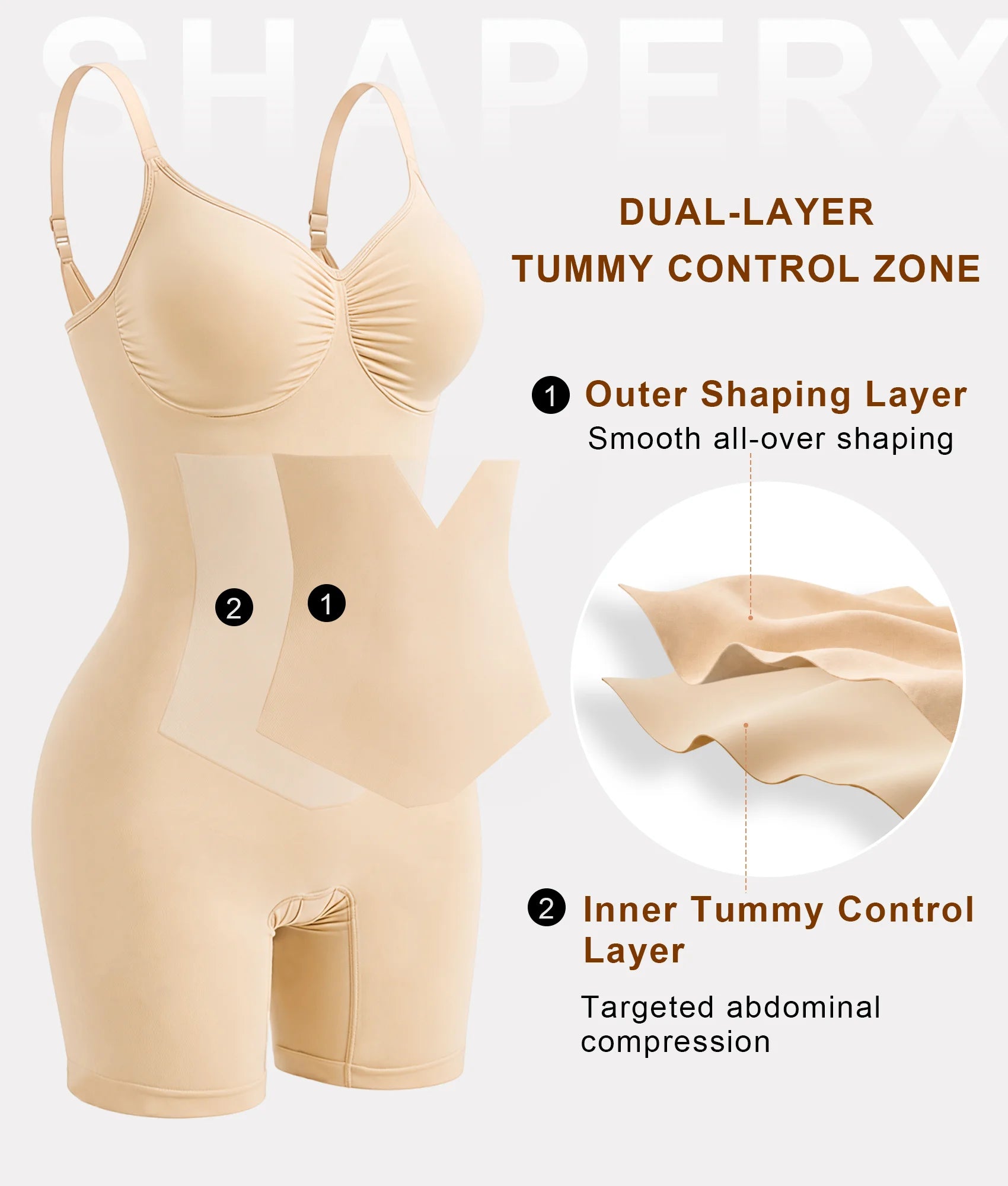 SHAPERX Seamless Bonded Mid-Thigh Faja Bodysuit