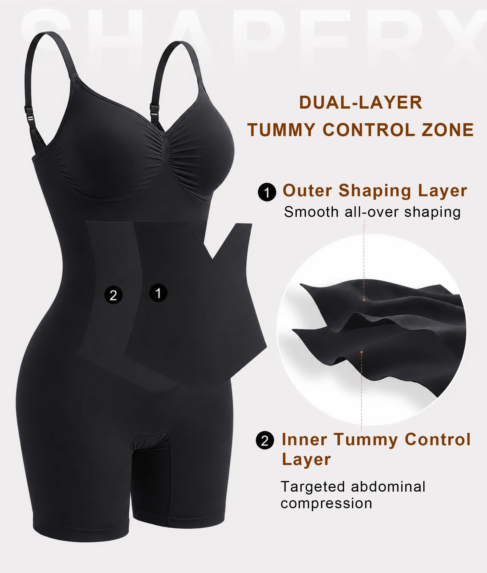 SHAPERX Seamless Bonded Mid-Thigh Faja Bodysuit