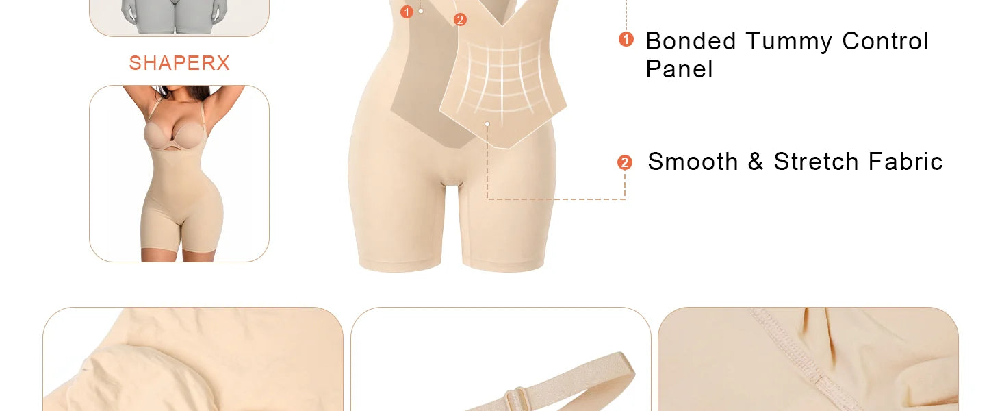 SHAPERX Contour X-Panel Open-Bust Mid-Thigh Bodysuit - Detail Image 3