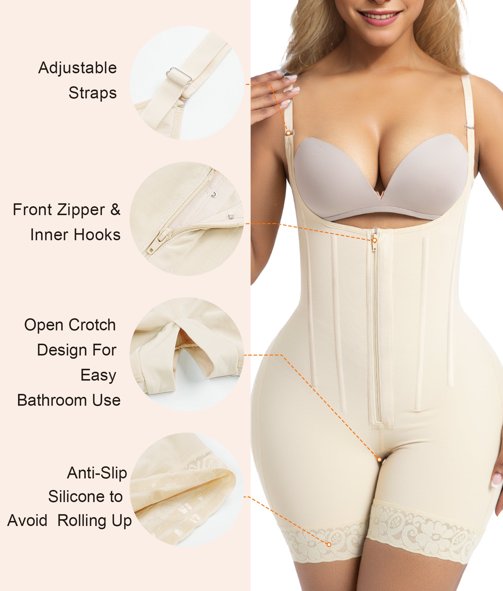 SHAPERX 6-Steel-Bones Tummy Control Zip & Hooks Faja with Butt Lift