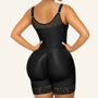 Black mid-thigh faja bodysuit back view showing curve-enhancing hip panels