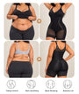 Multiple views of a black faja bodysuit showing front, side, back, and closure details