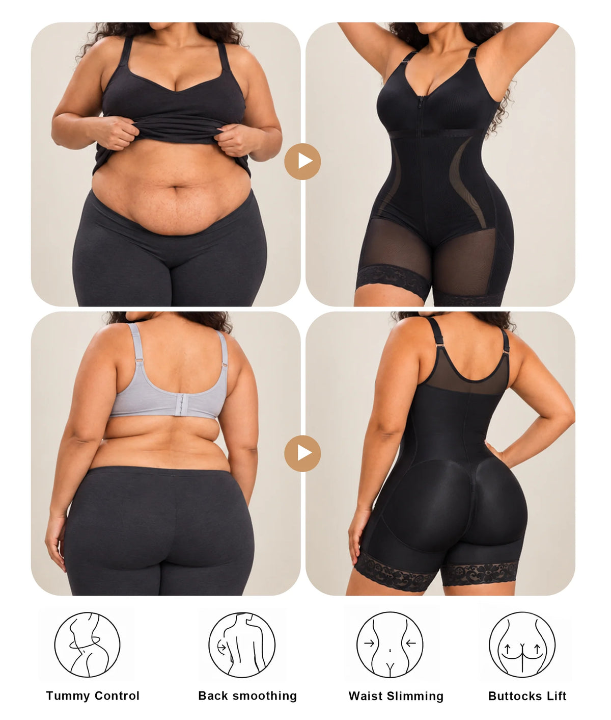 Multiple views of a black faja bodysuit showing front, side, back, and closure details