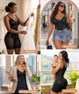 Models wearing black faja bodysuits in a collage of front and side views