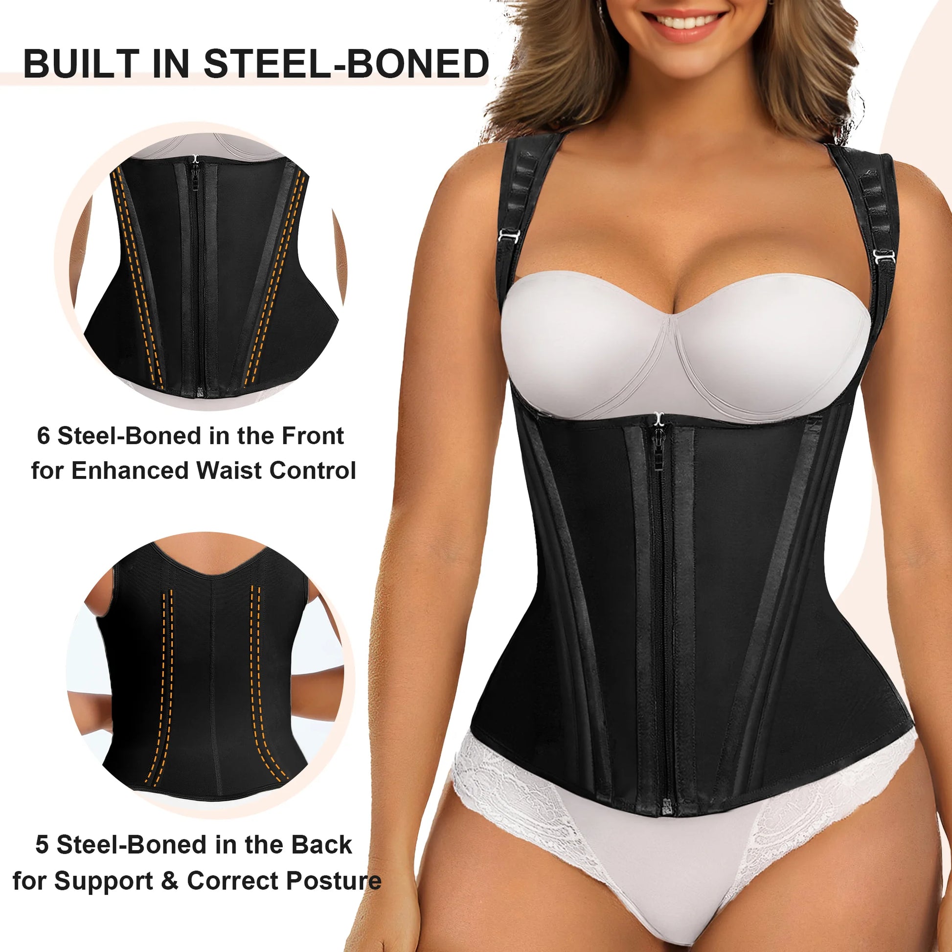 SHAPERX 15 Flexible Steel Bones Sport Waist Trainer with Shoulder Straps