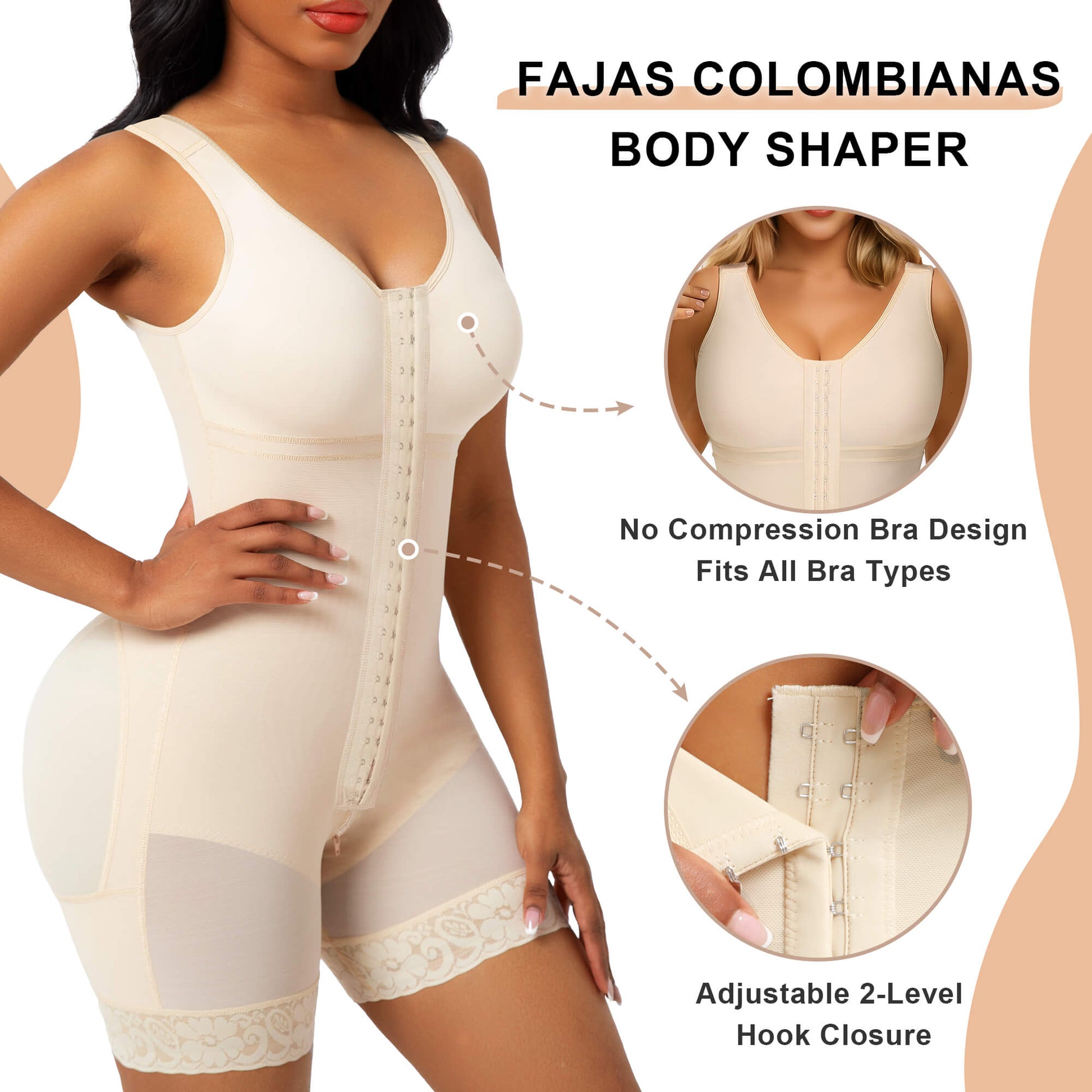SHAPERX Full Body Hooked Faja Bodysuit with Zipper Crotch