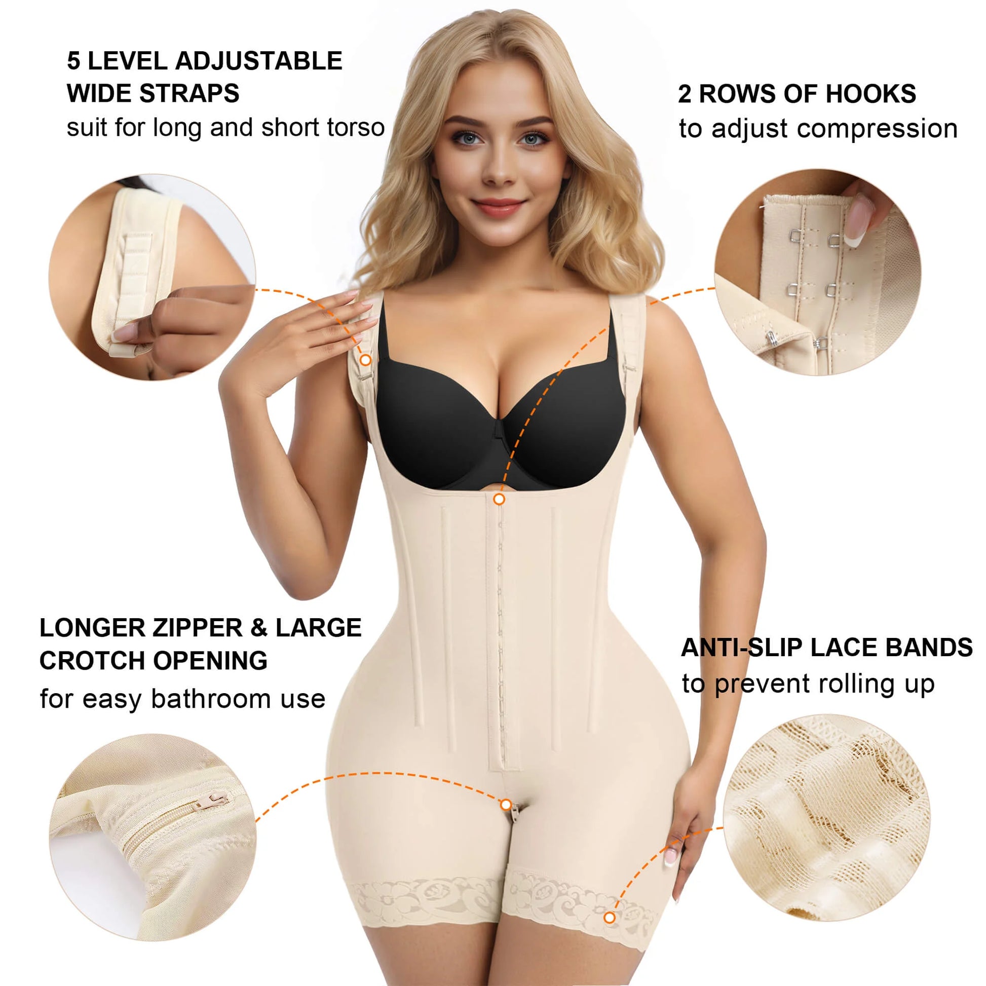 SHAPERX 6-Steel-Bones Hooked Faja Tummy Control Bodysuit with Butt Lift