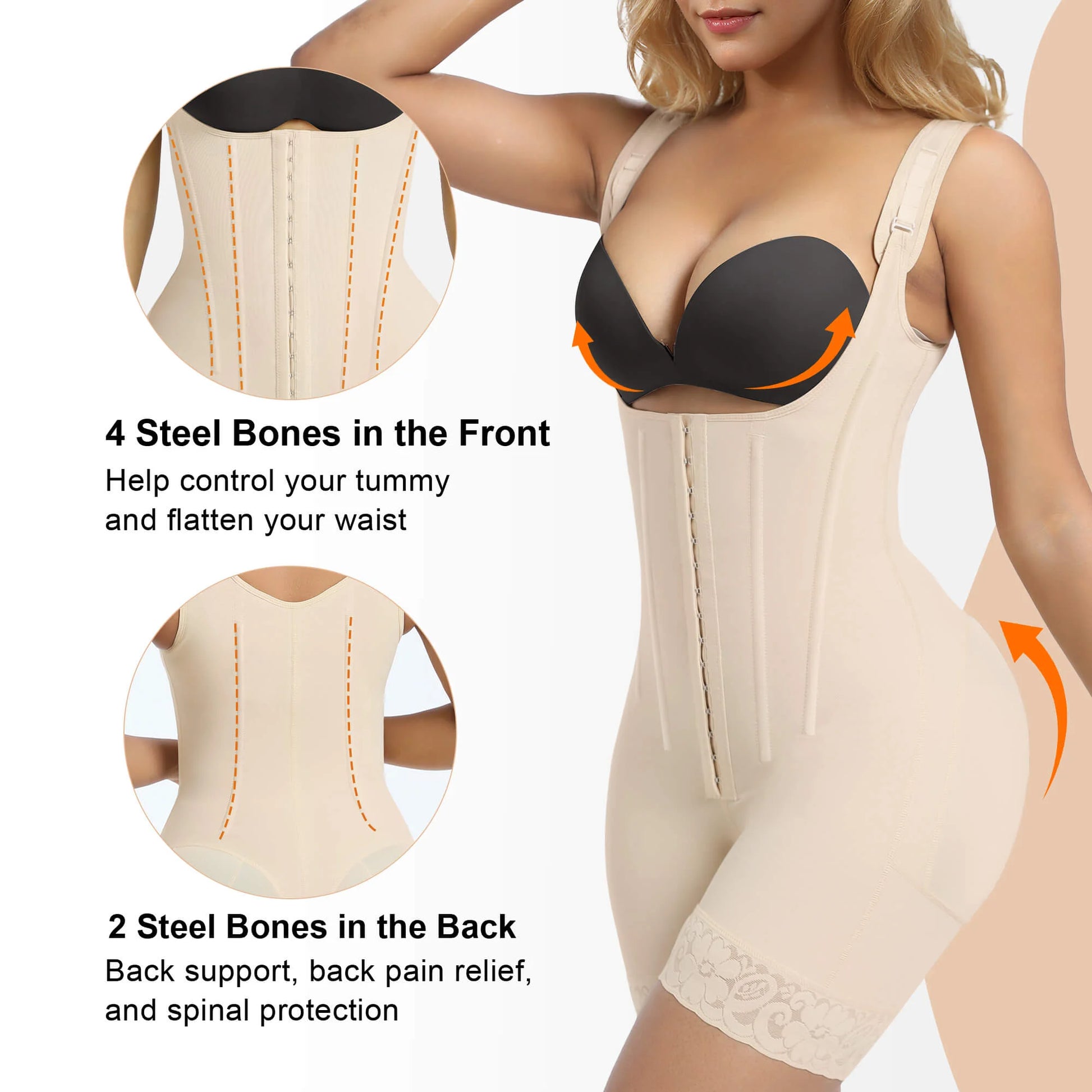 SHAPERX 6-Steel-Bones Hooked Faja Tummy Control Bodysuit with Butt Lift