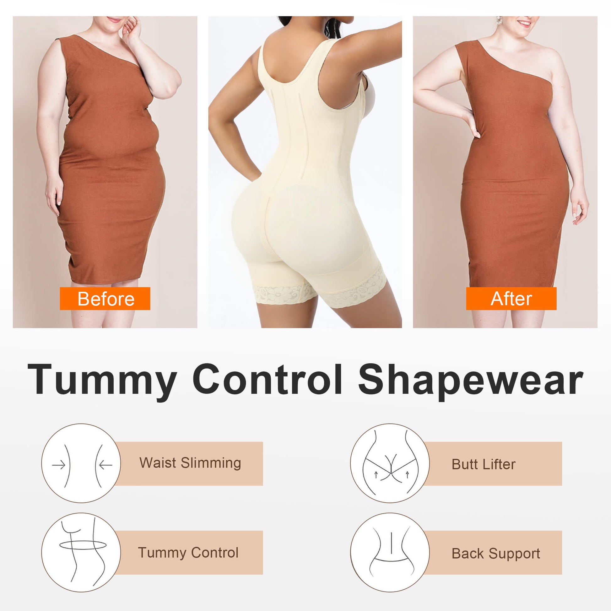 SHAPERX Hooked Faja Tummy Control Bodysuit with Butt Lift
