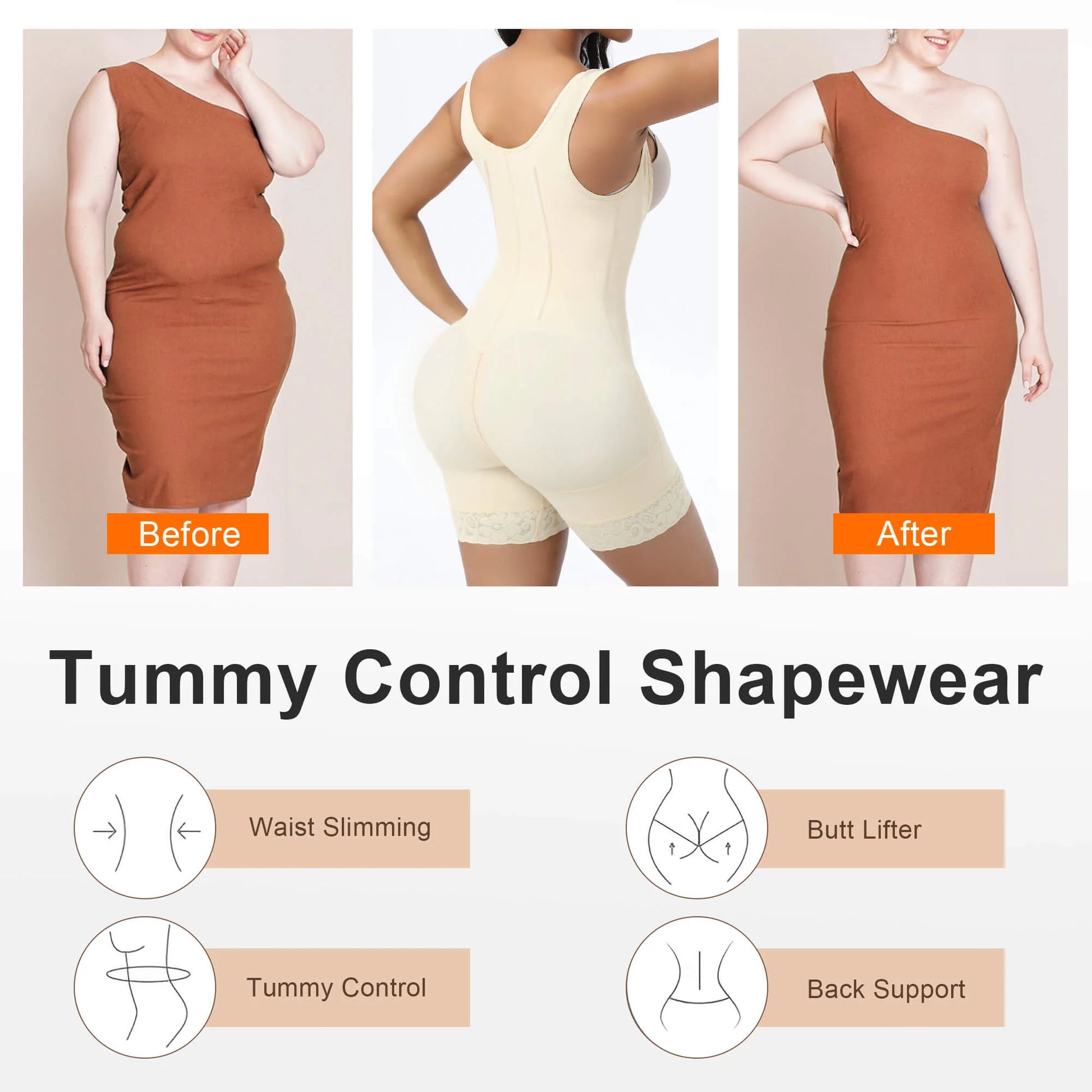 SHAPERX 6-Steel-Bones Hooked Faja Tummy Control Bodysuit with Butt Lift