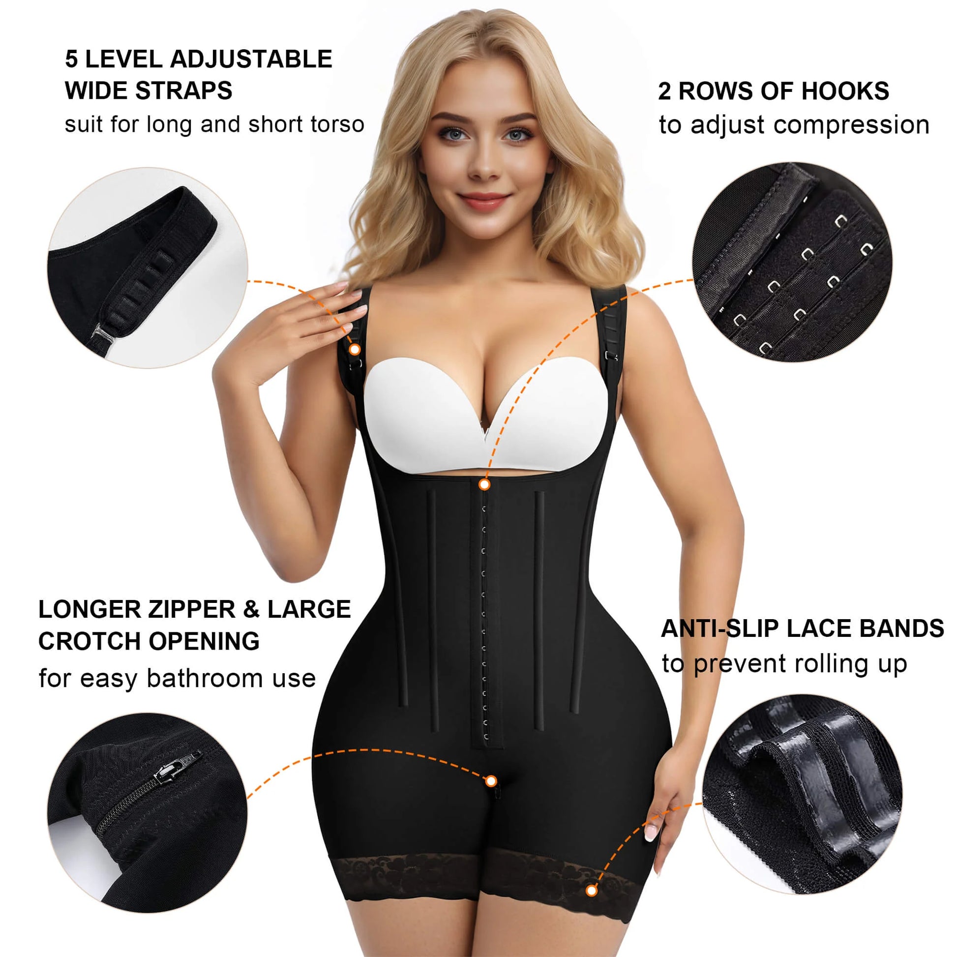 SHAPERX 6-Steel-Bones Hooked Faja Tummy Control Bodysuit with Butt Lift