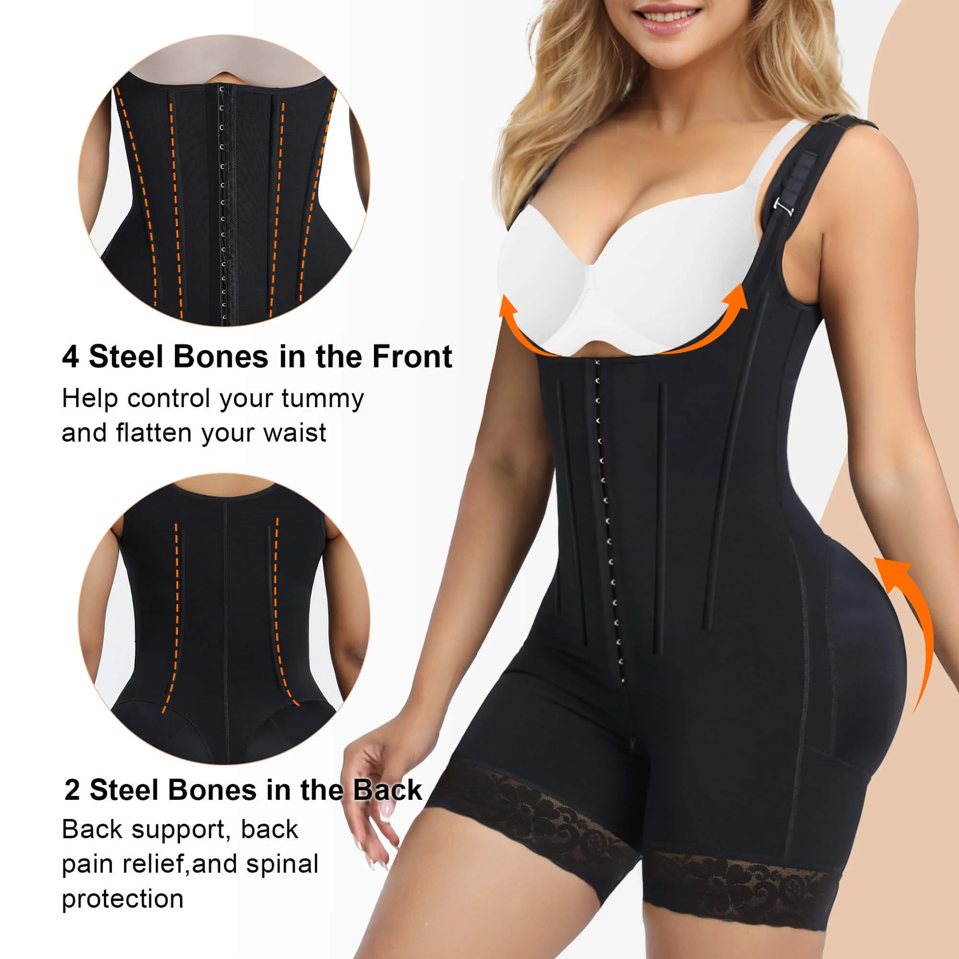 SHAPERX 6-Steel-Bones Hooked Faja Tummy Control Bodysuit with Butt Lift