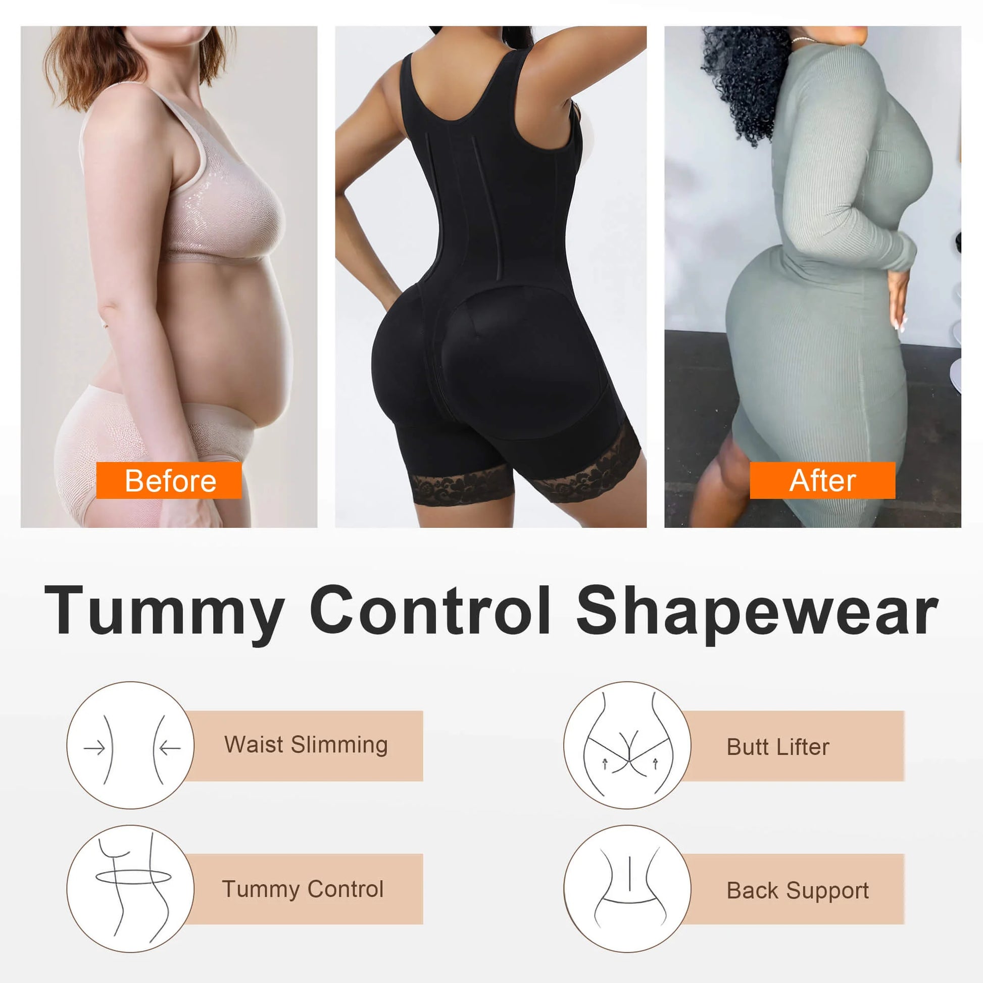 SHAPERX 6-Steel-Bones Hooked Faja Tummy Control Bodysuit with Butt Lift