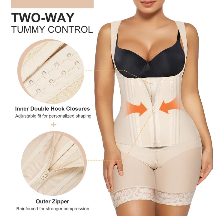 Two-way tummy control zipper and inner double hook closures detail in Beige - SHAPERX
