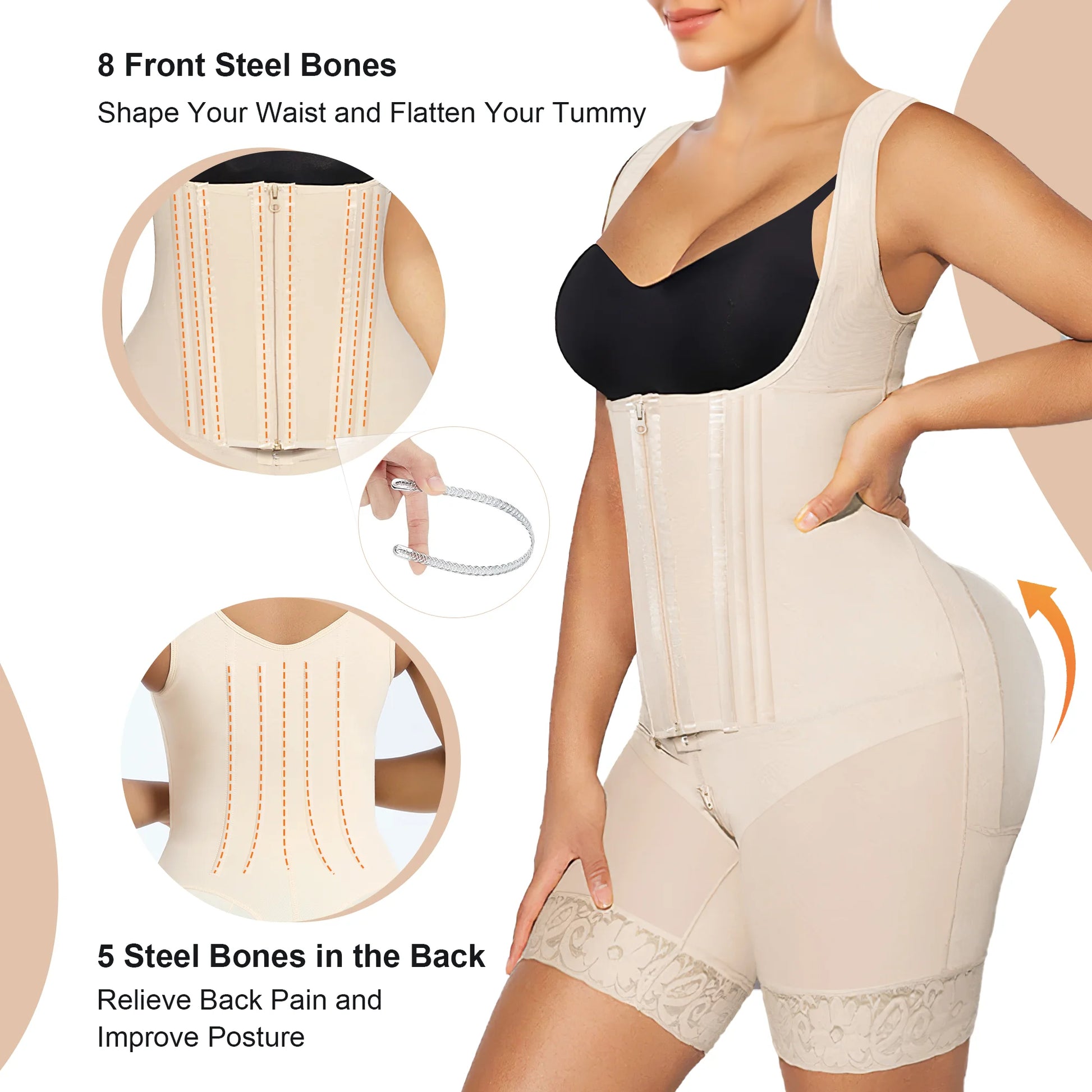 Structural sculpting 8 front and 5 back steel bones posture support in Beige - SHAPERX