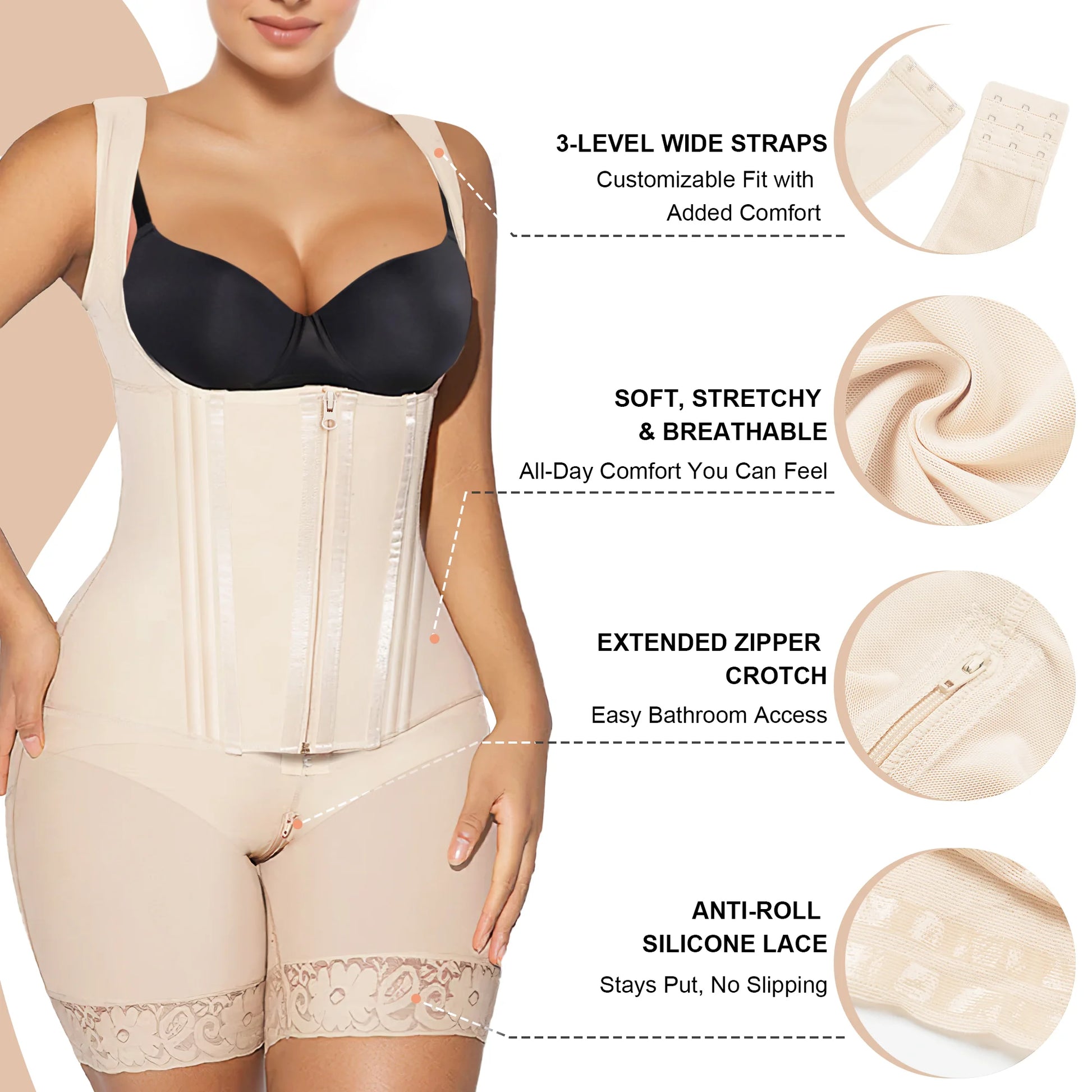 Wide adjustable straps and upgraded crotch zipper faja features in Beige - SHAPERX