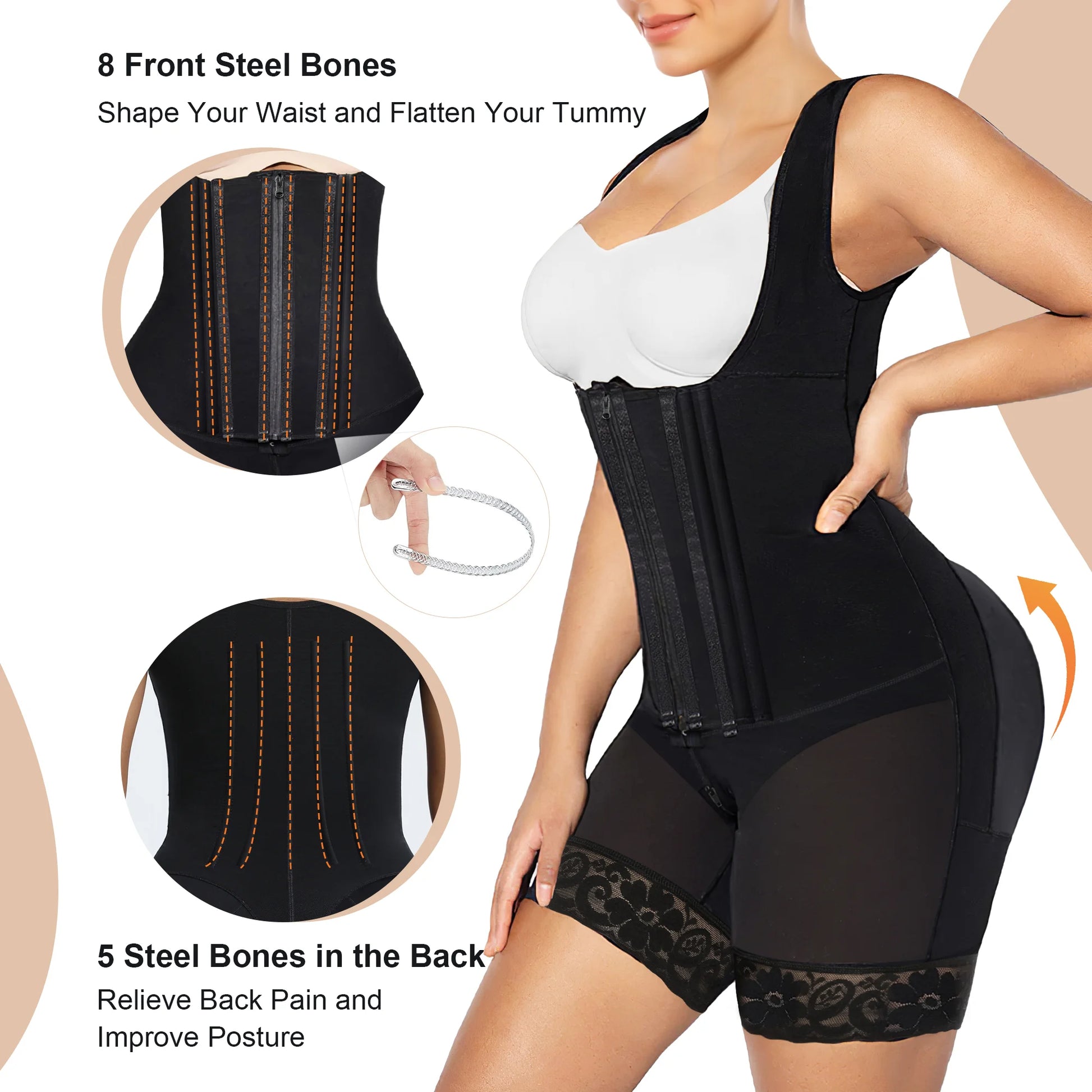 Structural sculpting 8 front and 5 back steel bones posture support in Black - SHAPERX
