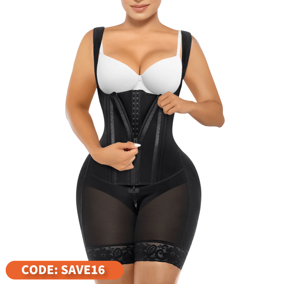 SHAPERX Zipper & Hook 8-Steel-Bones Open Bust Fajas with Butt Lift