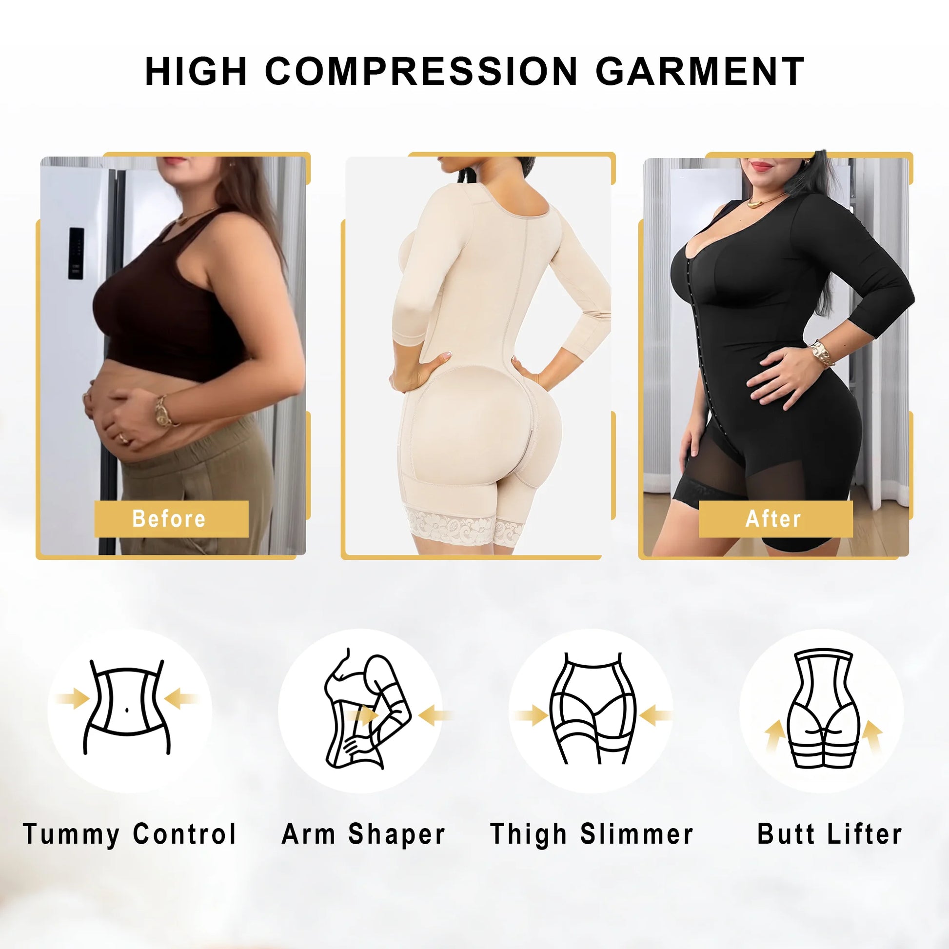 SHAPERX Post-Surgery Arm Slimming Full Body Faja with Zipper Crotch