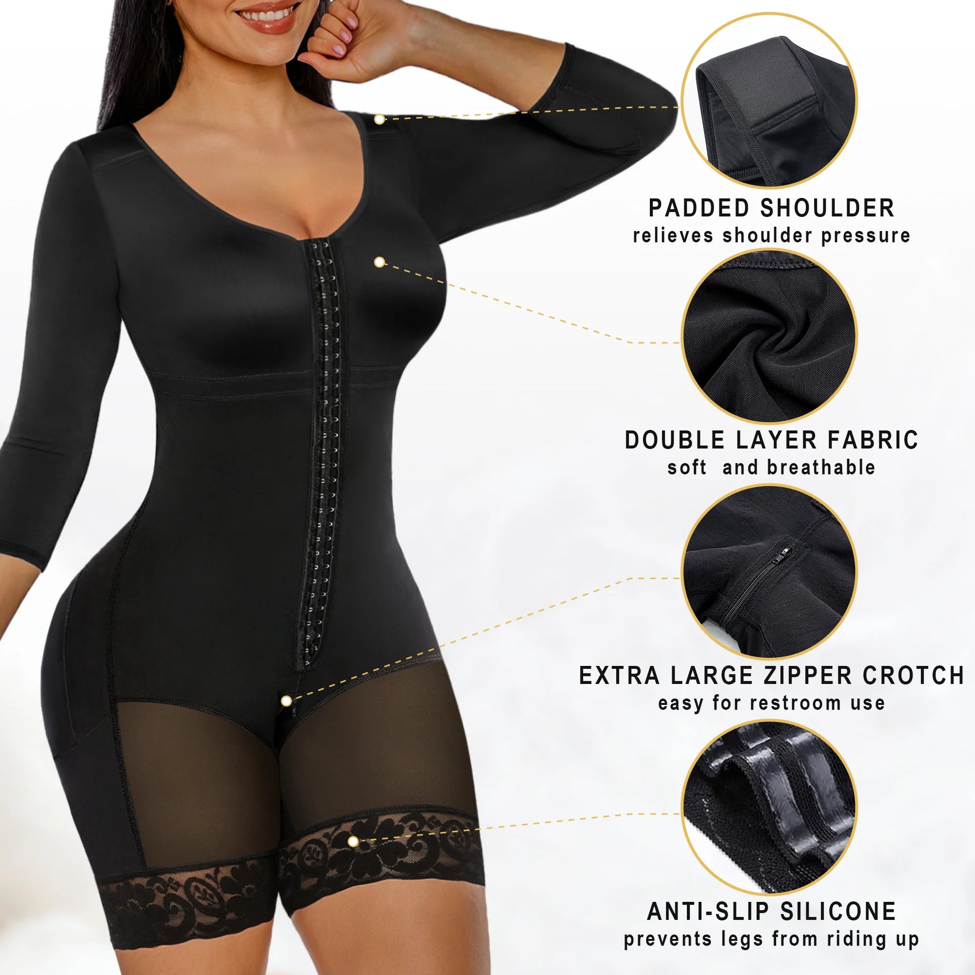 SHAPERX Post-Surgery Arm Slimming Full Body Faja with Zipper Crotch